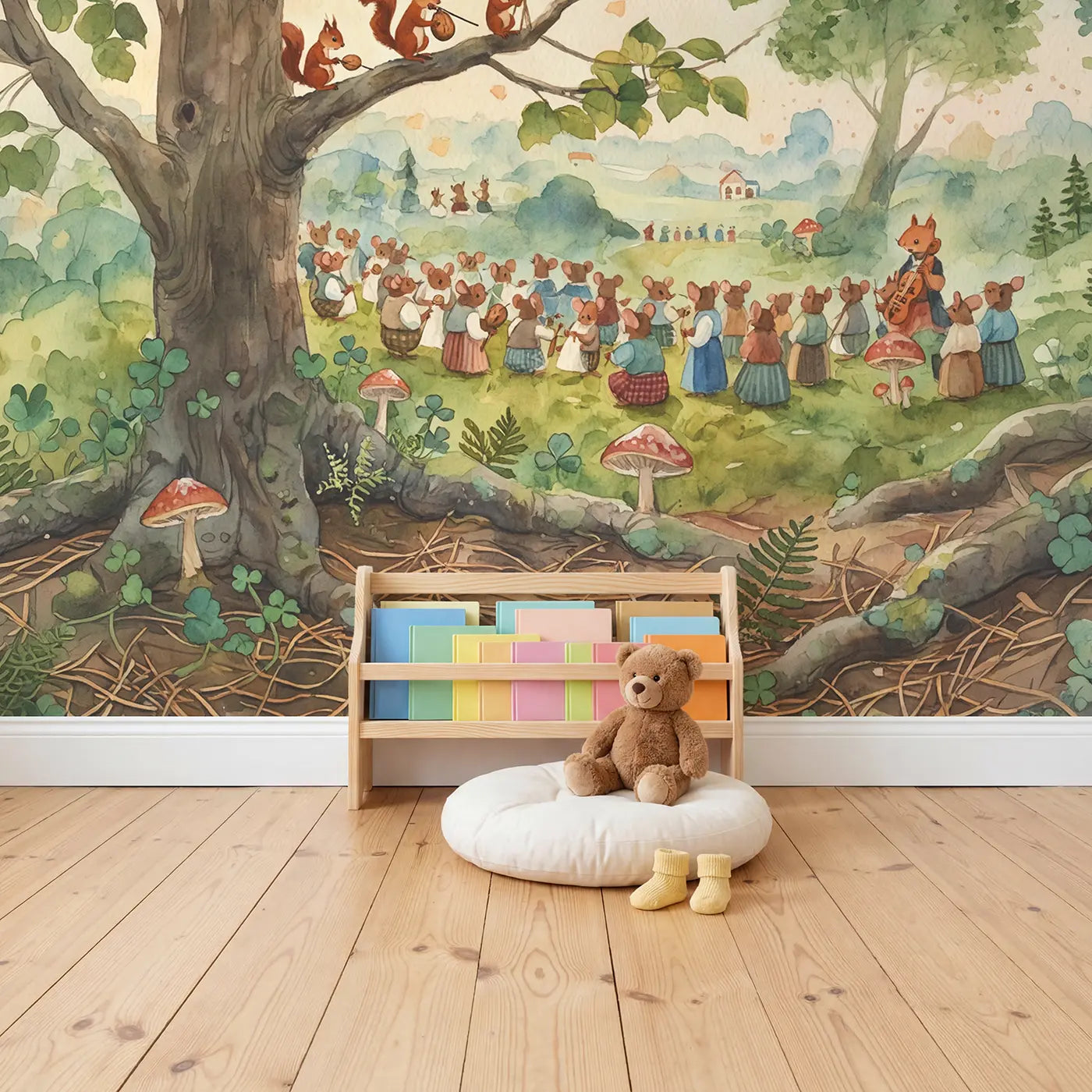 Squirrel Orchestra Branches Playing Wallpaper Mural in playroom setting by Whimsy Tots