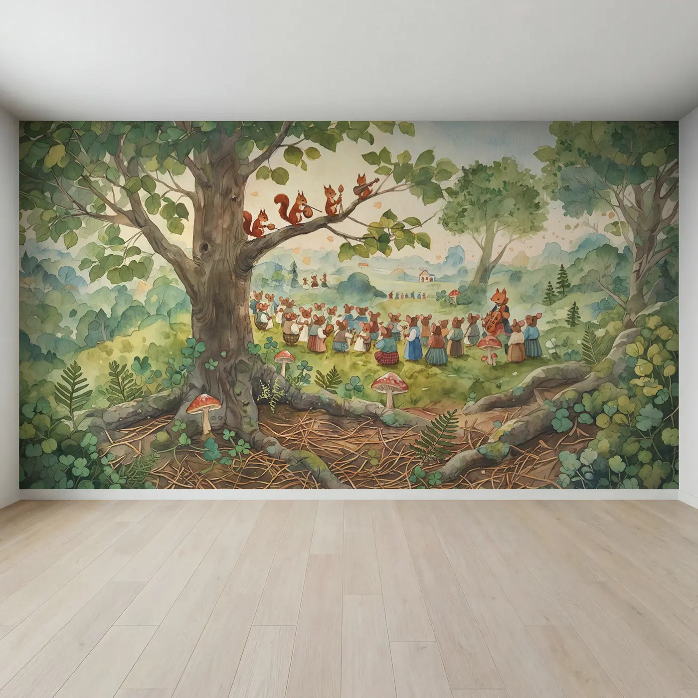 Full view of Squirrel Orchestra Branches Playing Wallpaper Mural by Whimsy Tots