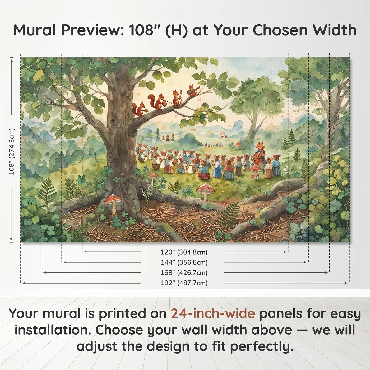 Panel layout and dimensions for Squirrel Orchestra Branches Playing Wallpaper Mural by Whimsy Tots