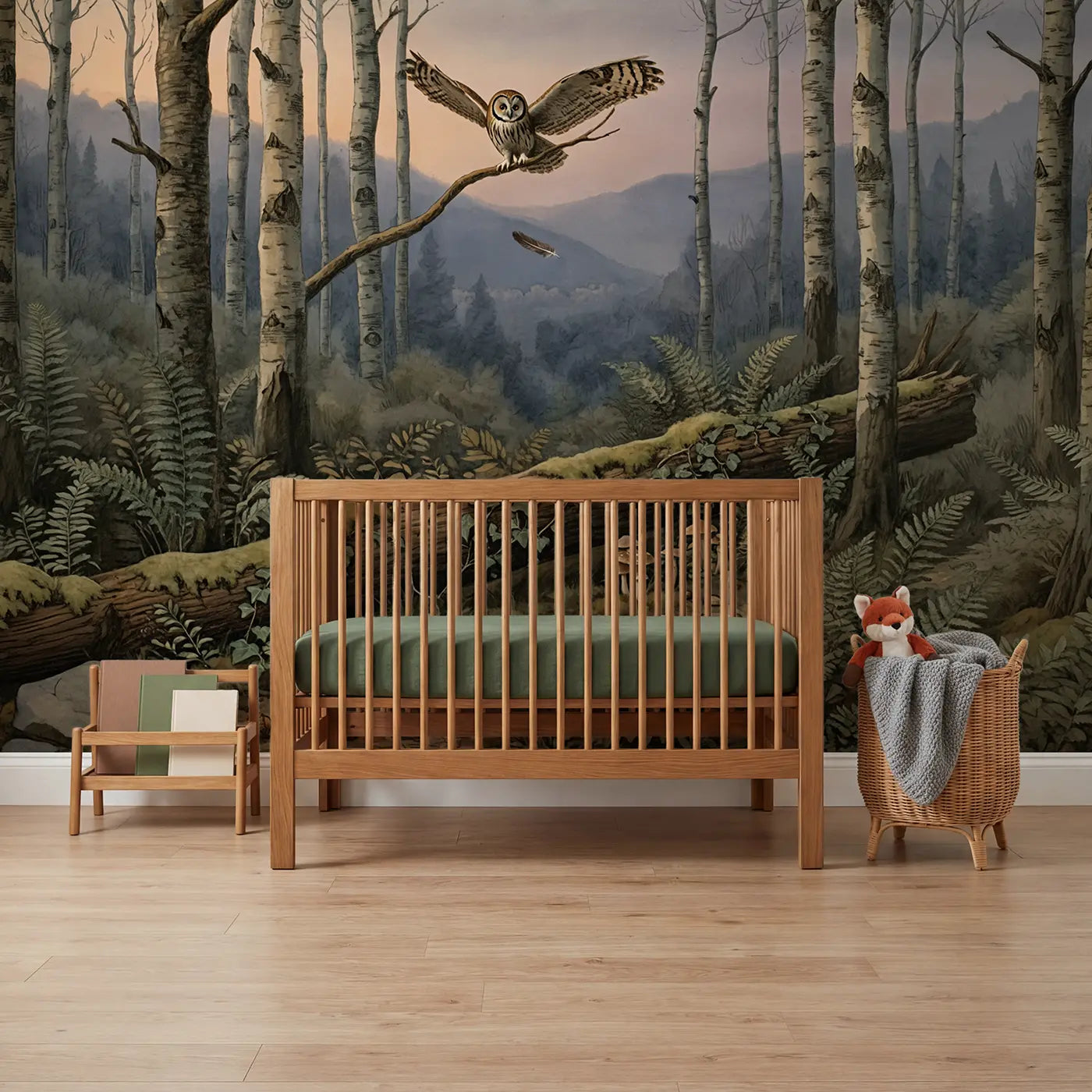 Storybook owl birch forest mist wallpaper mural for boys nursery by Whimsy Tots