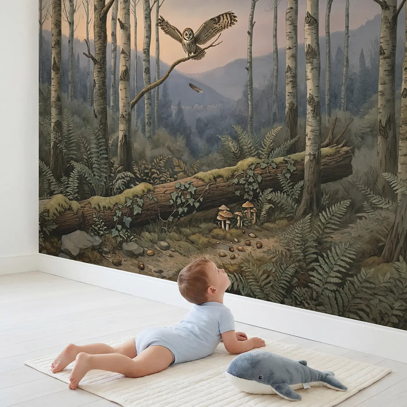Child in nursery with Misty Forest Owl Wallpaper Mural by Whimsy Tots