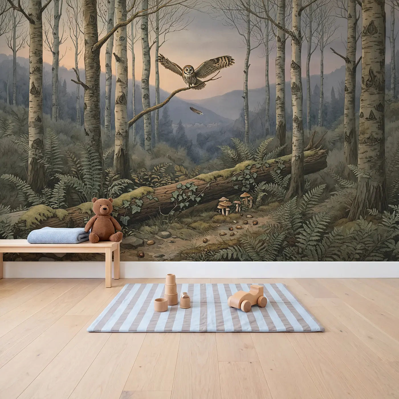Misty Forest Owl Wallpaper Mural in playroom setting by Whimsy Tots