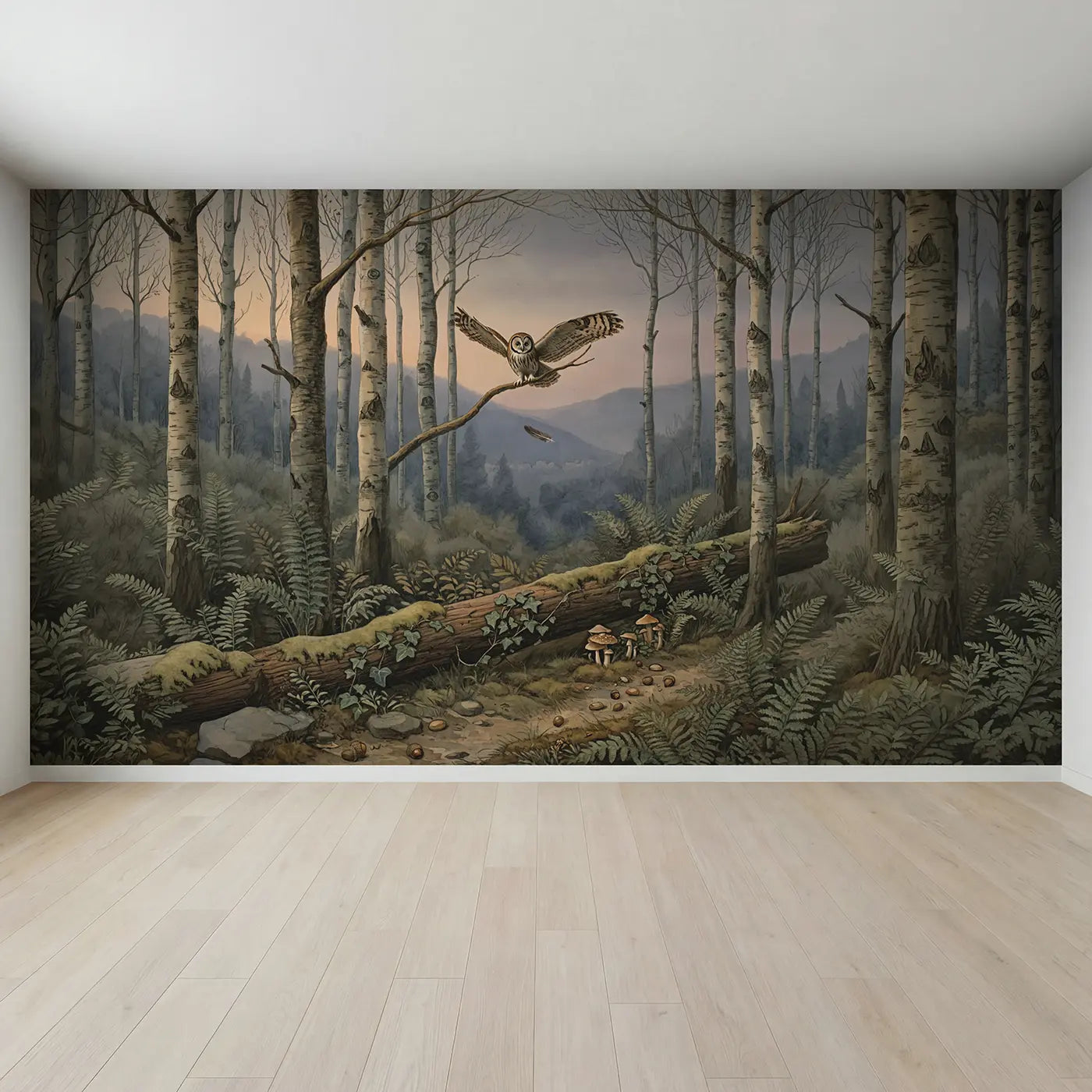 Full view of Misty Forest Owl Wallpaper Mural by Whimsy Tots