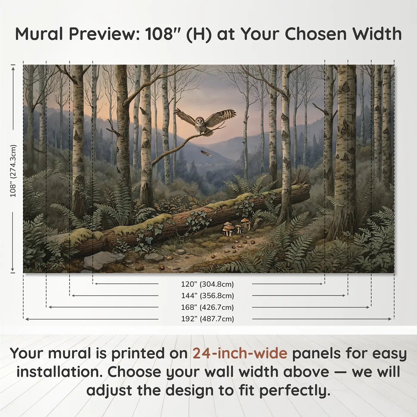Panel layout and dimensions for Misty Forest Owl Wallpaper Mural by Whimsy Tots