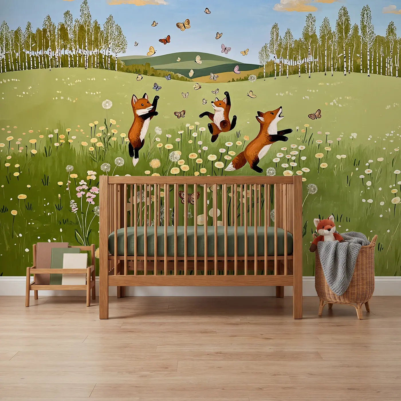 Gouache illustration fox and fern wallpaper mural for kids room by Whimsy Tots