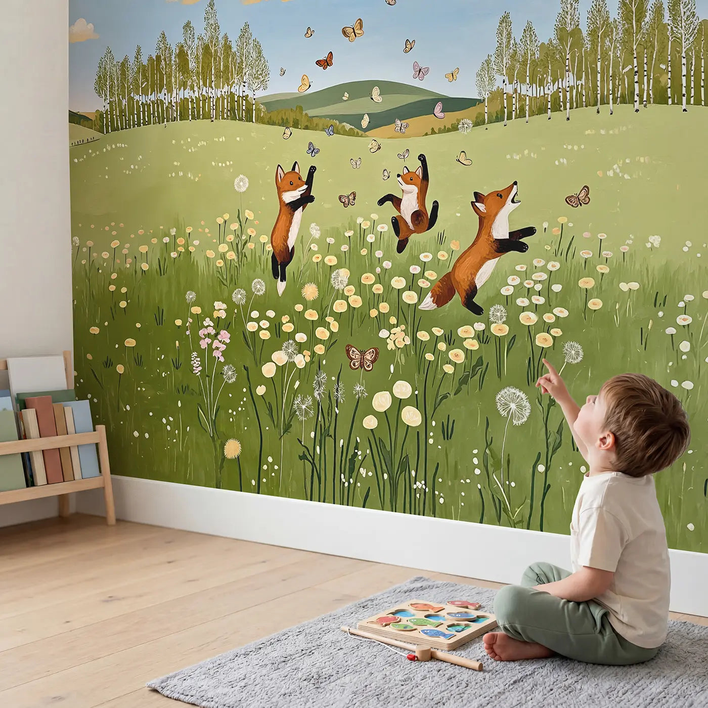 Child in nursery with Fox Cubs Butterfly Meadow Wallpaper Mural by Whimsy Tots