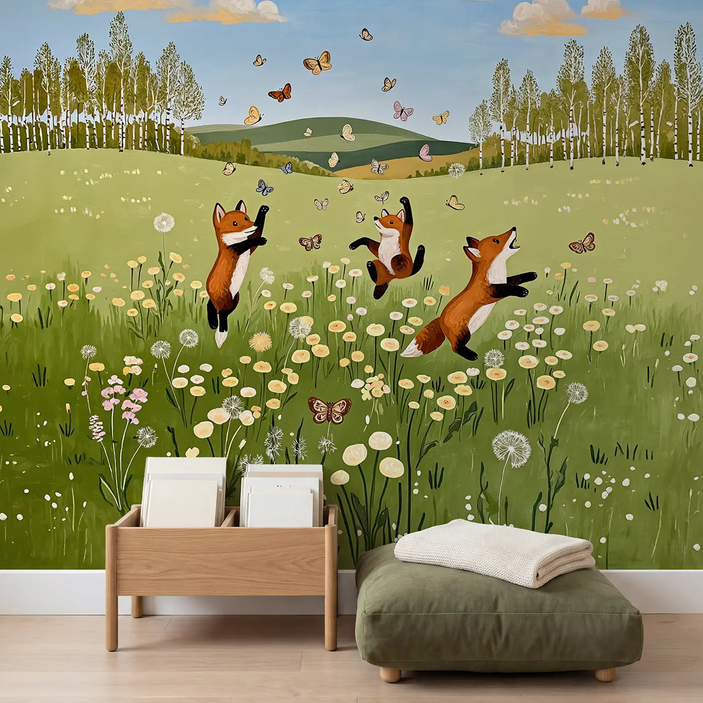 Fox Cubs Butterfly Meadow Wallpaper Mural in playroom setting by Whimsy Tots