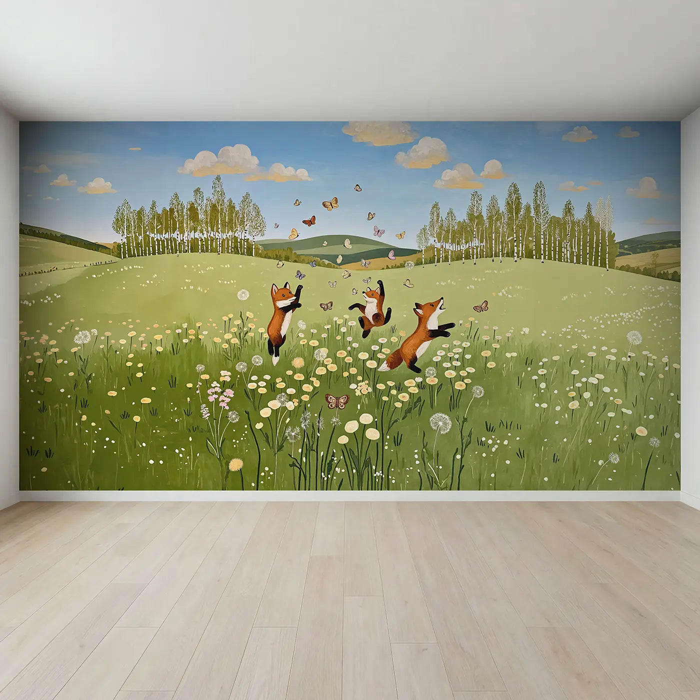 Full view of Fox Cubs Butterfly Meadow Wallpaper Mural by Whimsy Tots