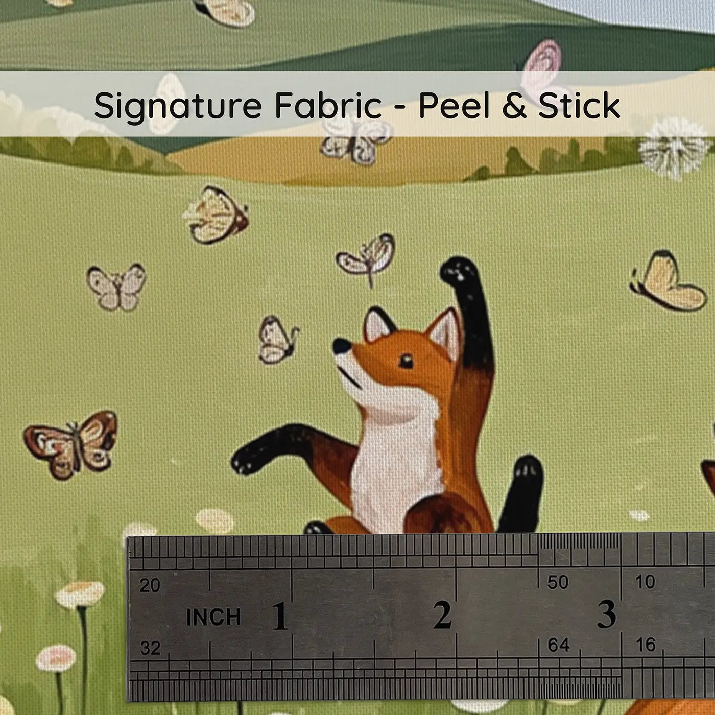 Fabric texture close-up of Fox Cubs Butterfly Meadow Wallpaper Mural by Whimsy Tots