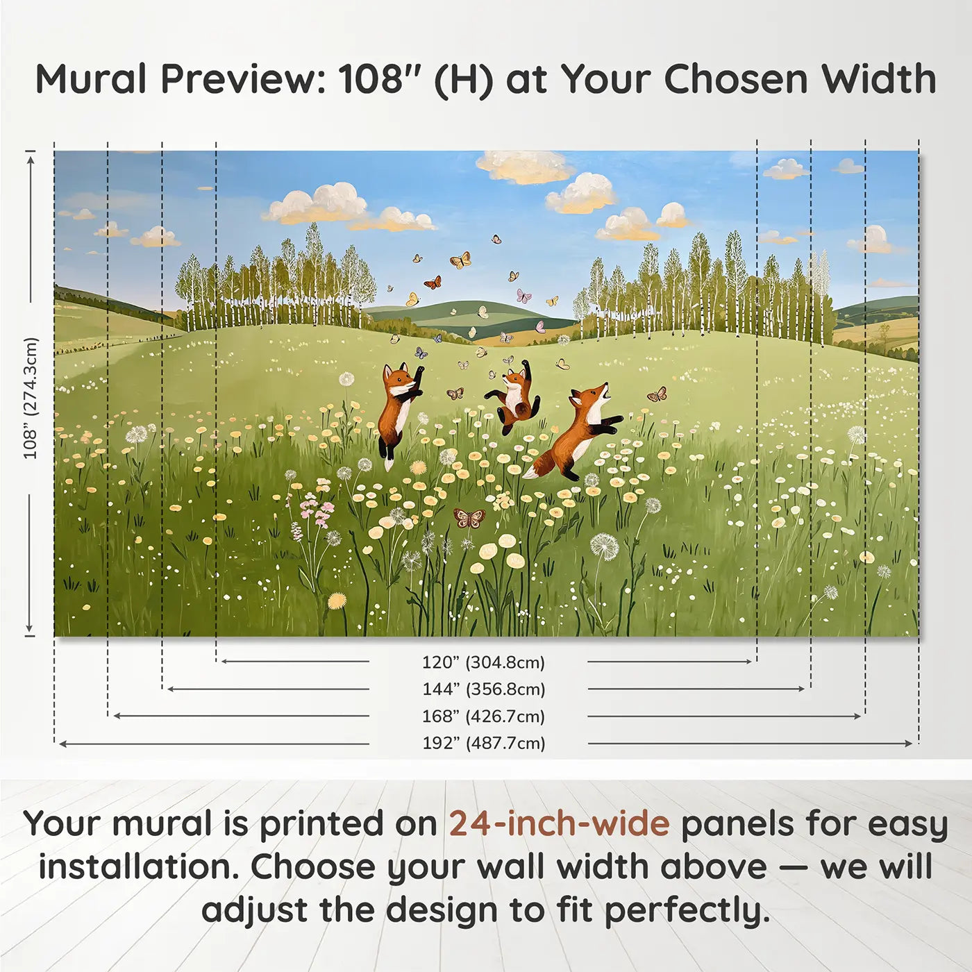 Panel layout and dimensions for Fox Cubs Butterfly Meadow Wallpaper Mural by Whimsy Tots