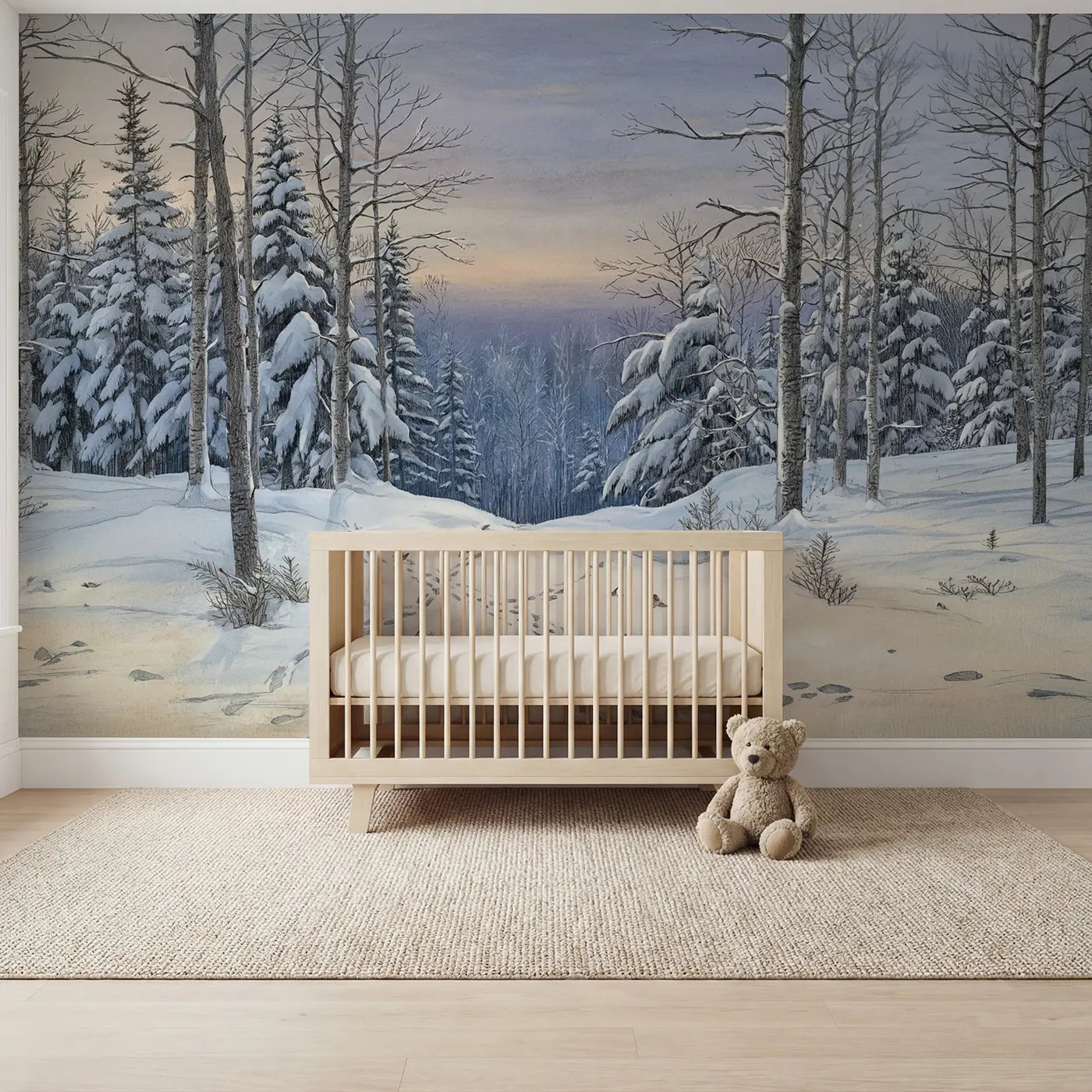 Storybook snowy pine forest animal tracks wallpaper mural for nursery by Whimsy Tots