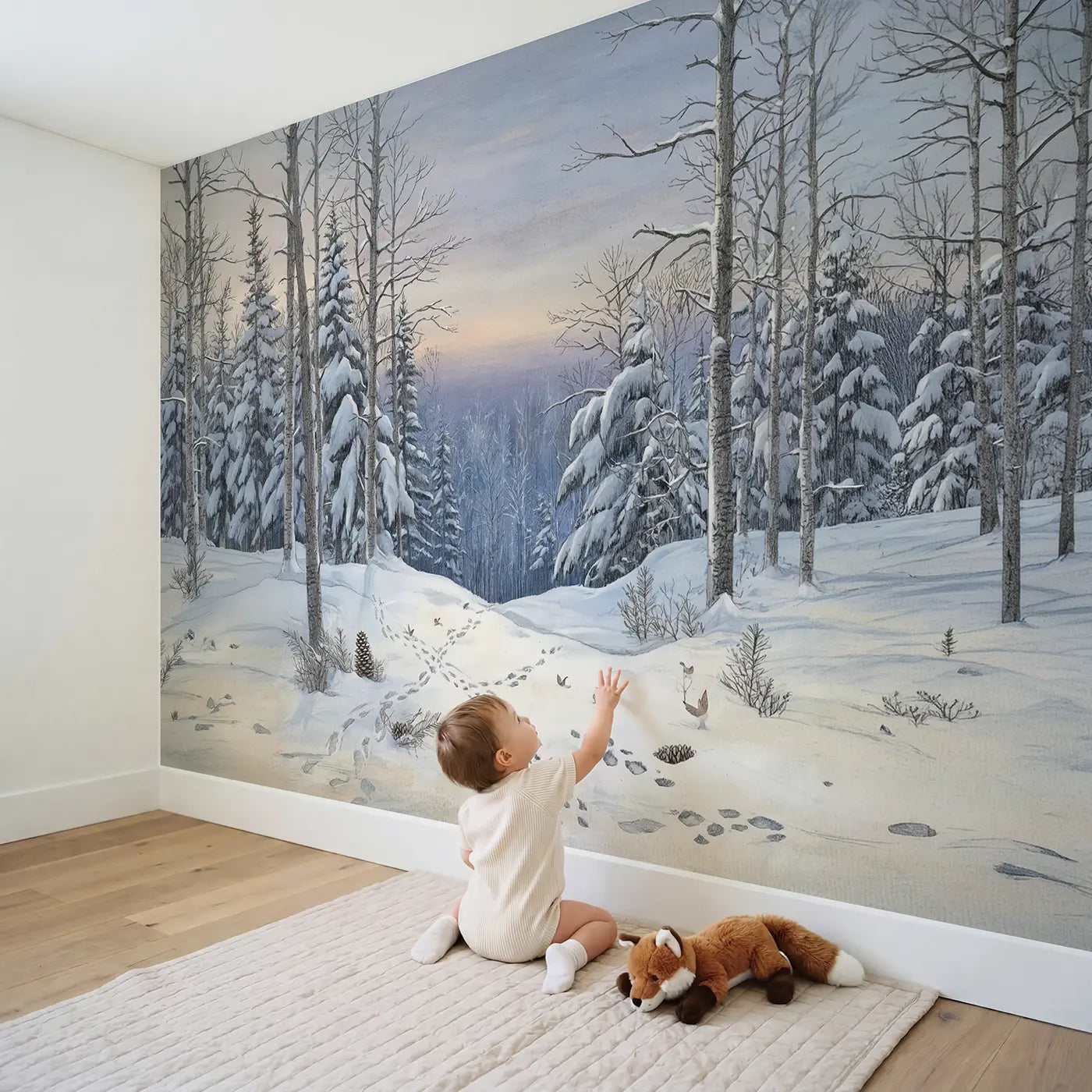 Child in nursery with Snowy Pine Forest Animal Tracks Wallpaper Mural by Whimsy Tots