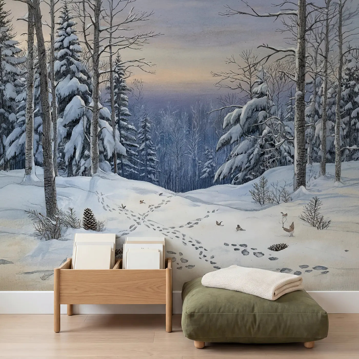 Snowy Pine Forest Animal Tracks Wallpaper Mural in playroom setting by Whimsy Tots