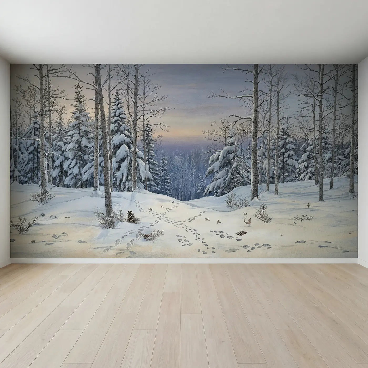 Full view of Snowy Pine Forest Animal Tracks Wallpaper Mural by Whimsy Tots