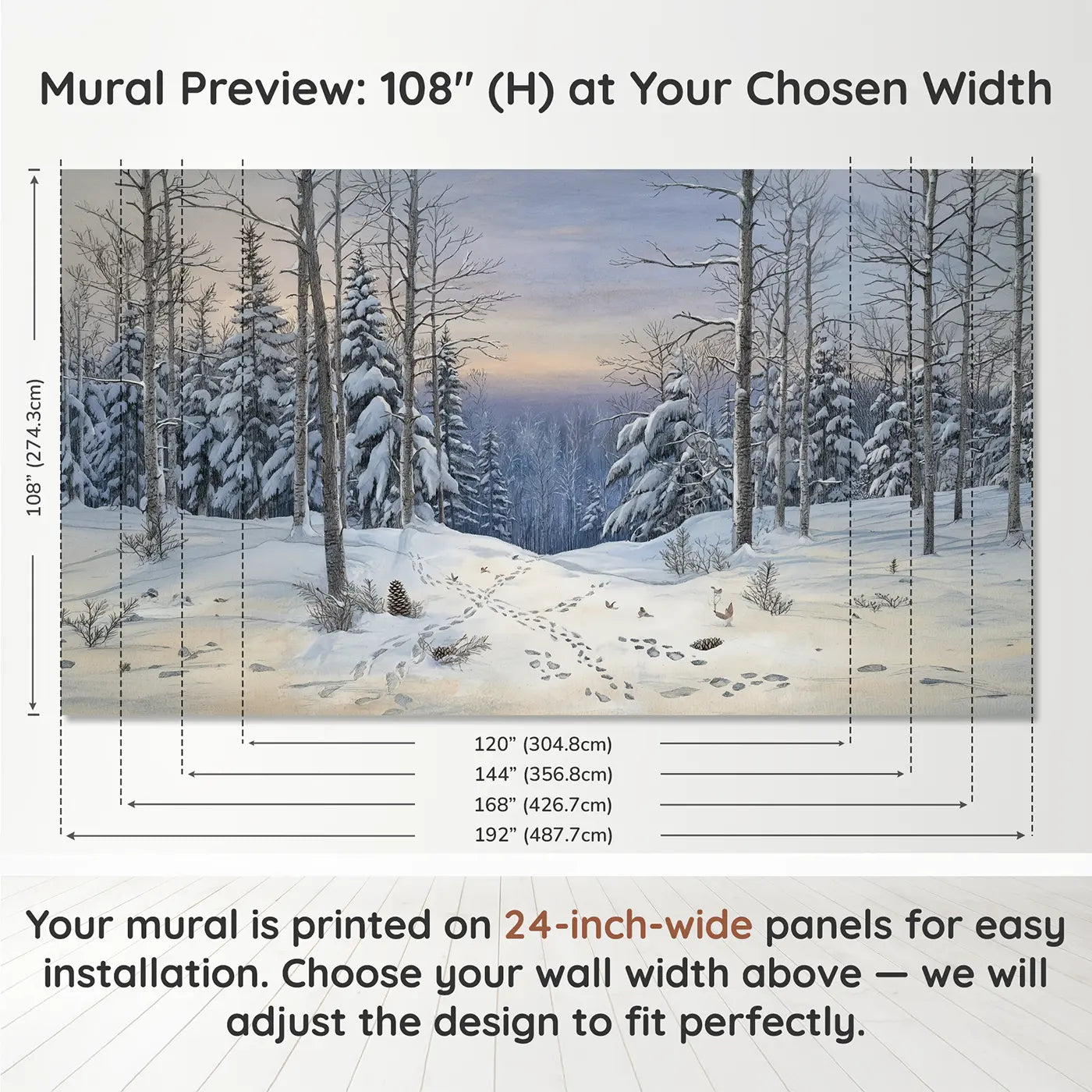 Panel layout and dimensions for Snowy Pine Forest Animal Tracks Wallpaper Mural by Whimsy Tots