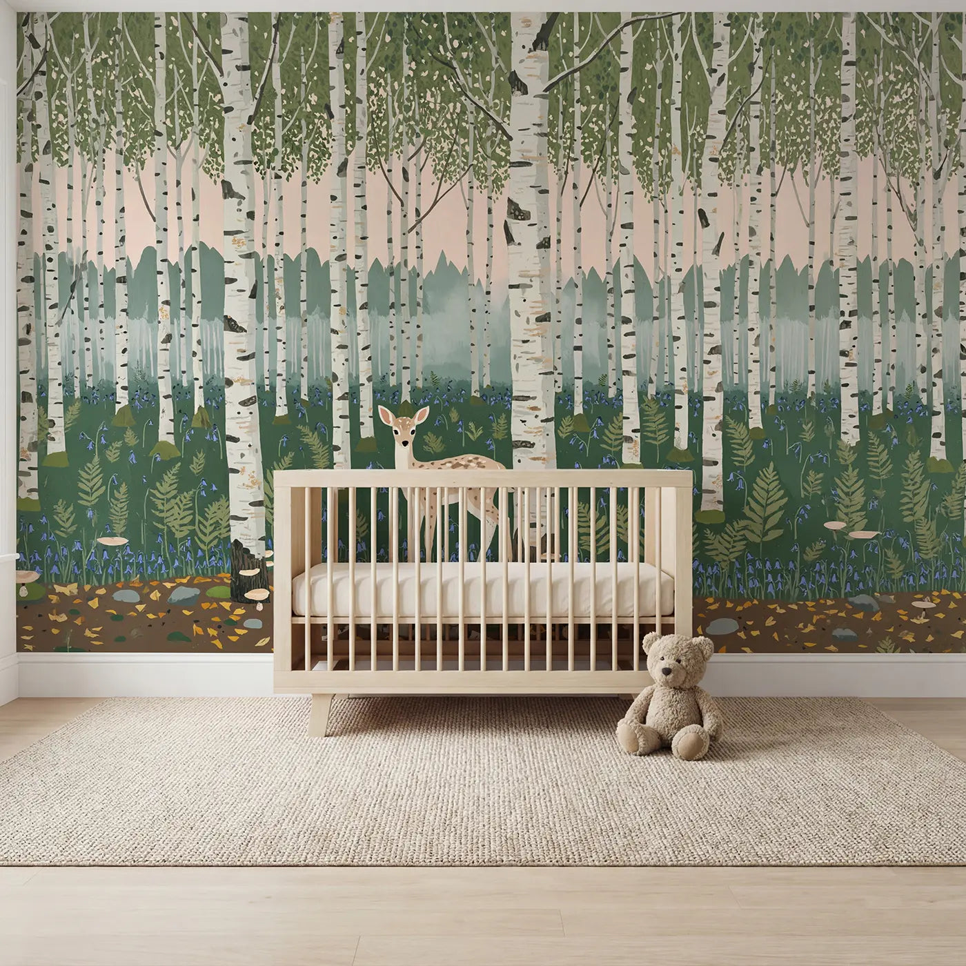 Modern illustration fawn in birch grove wallpaper mural for kids room by Whimsy Tots