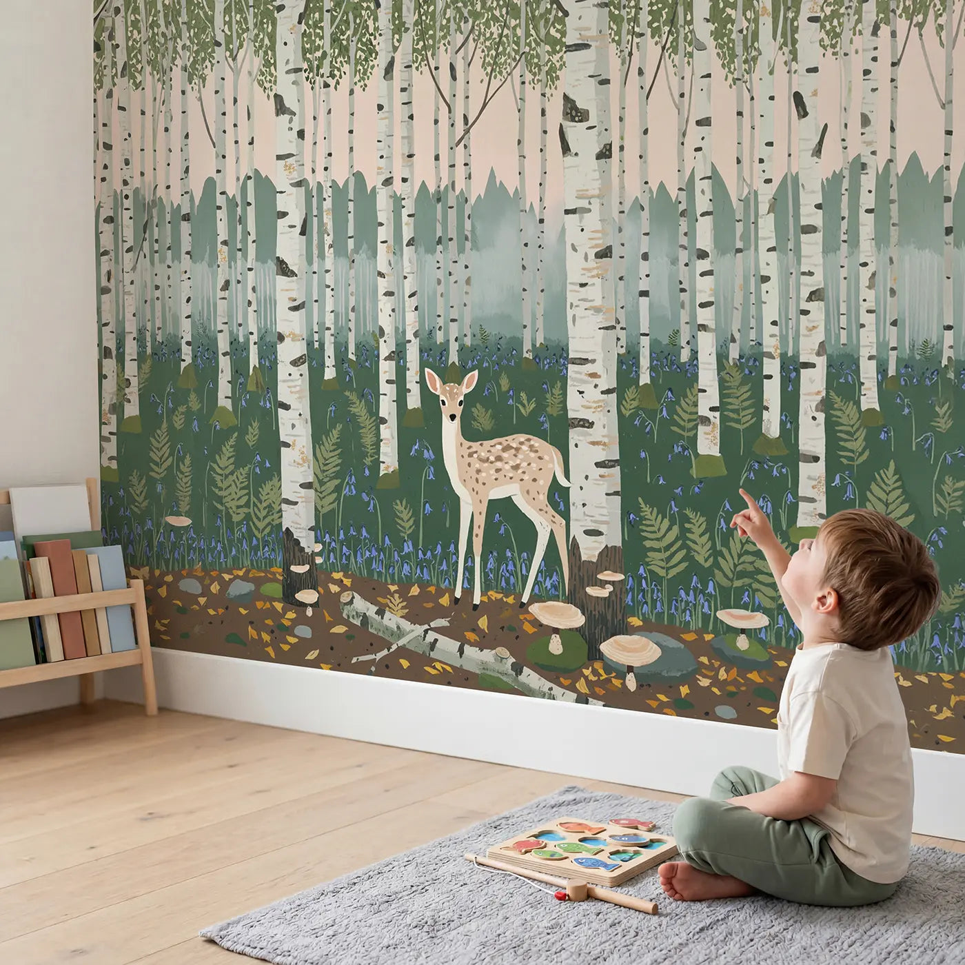 Child in nursery with Spotted Fawn Birch Grove Wallpaper Mural by Whimsy Tots