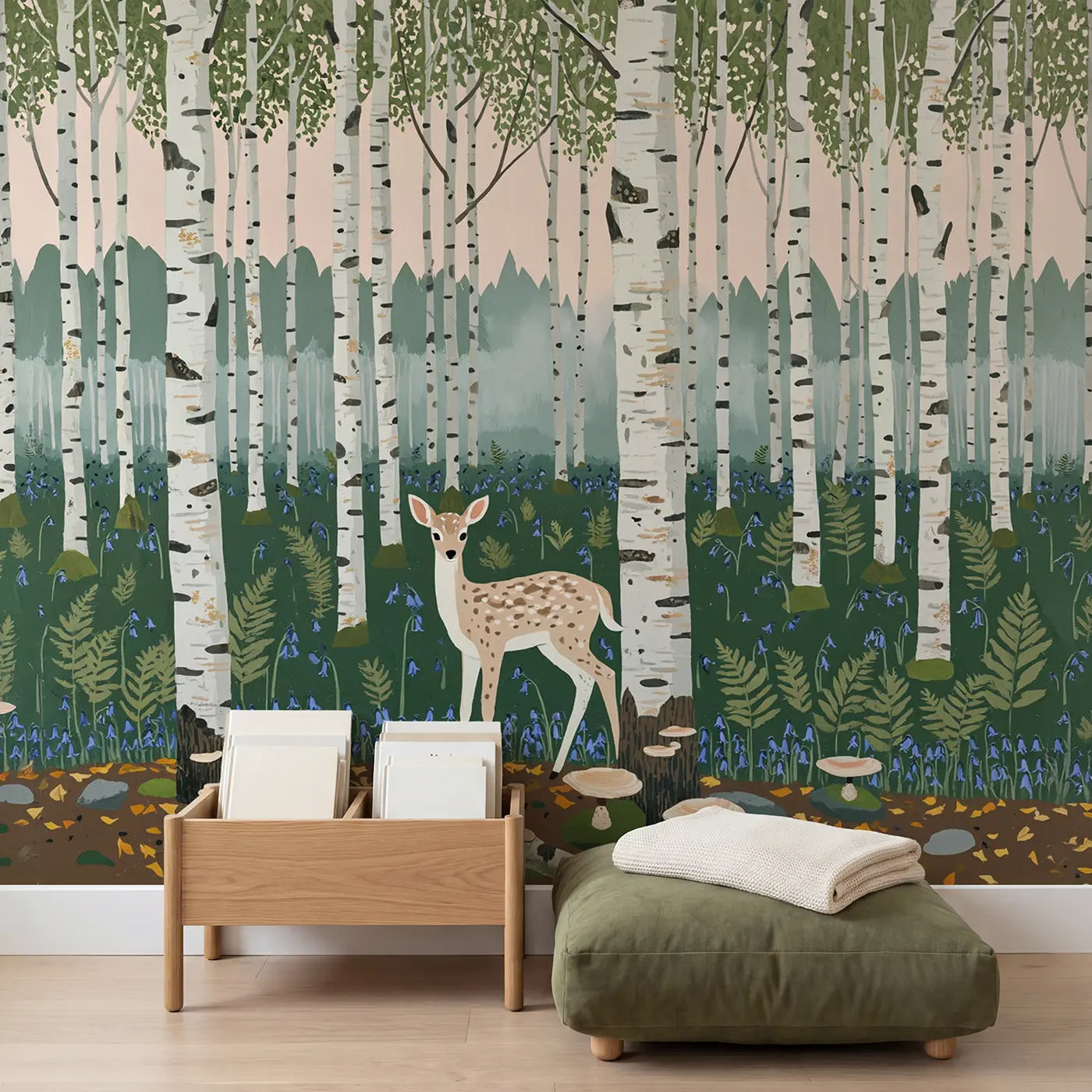 Spotted Fawn Birch Grove Wallpaper Mural in playroom setting by Whimsy Tots
