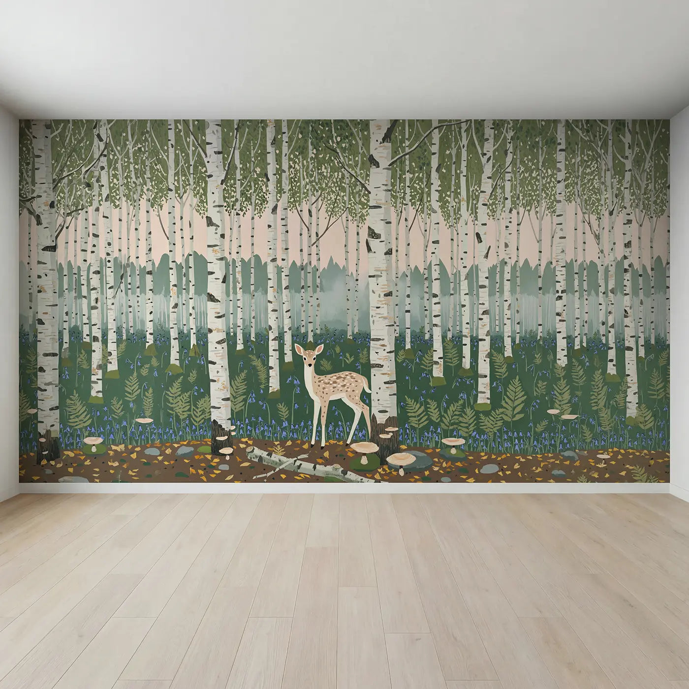 Full view of Spotted Fawn Birch Grove Wallpaper Mural by Whimsy Tots