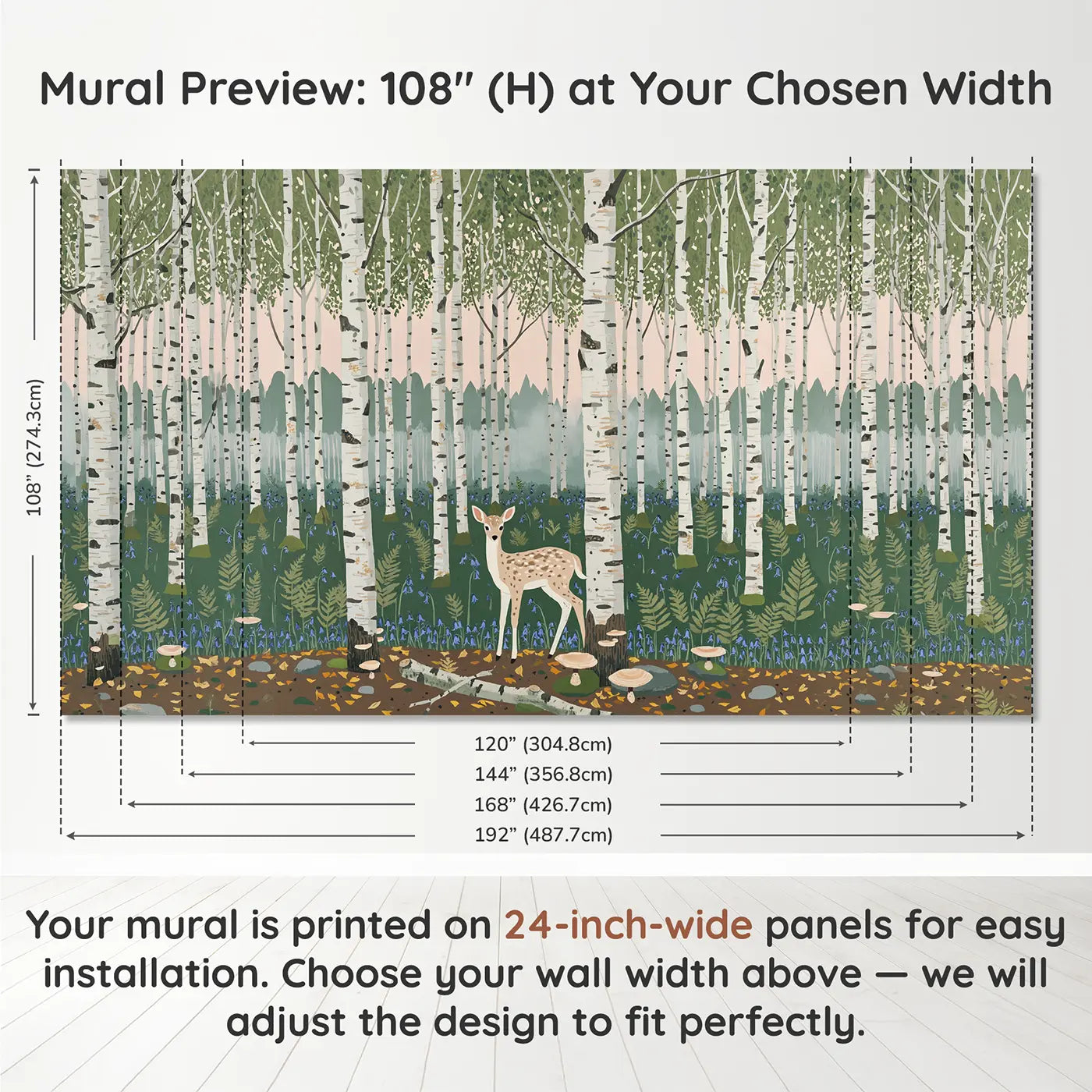 Panel layout and dimensions for Spotted Fawn Birch Grove Wallpaper Mural by Whimsy Tots