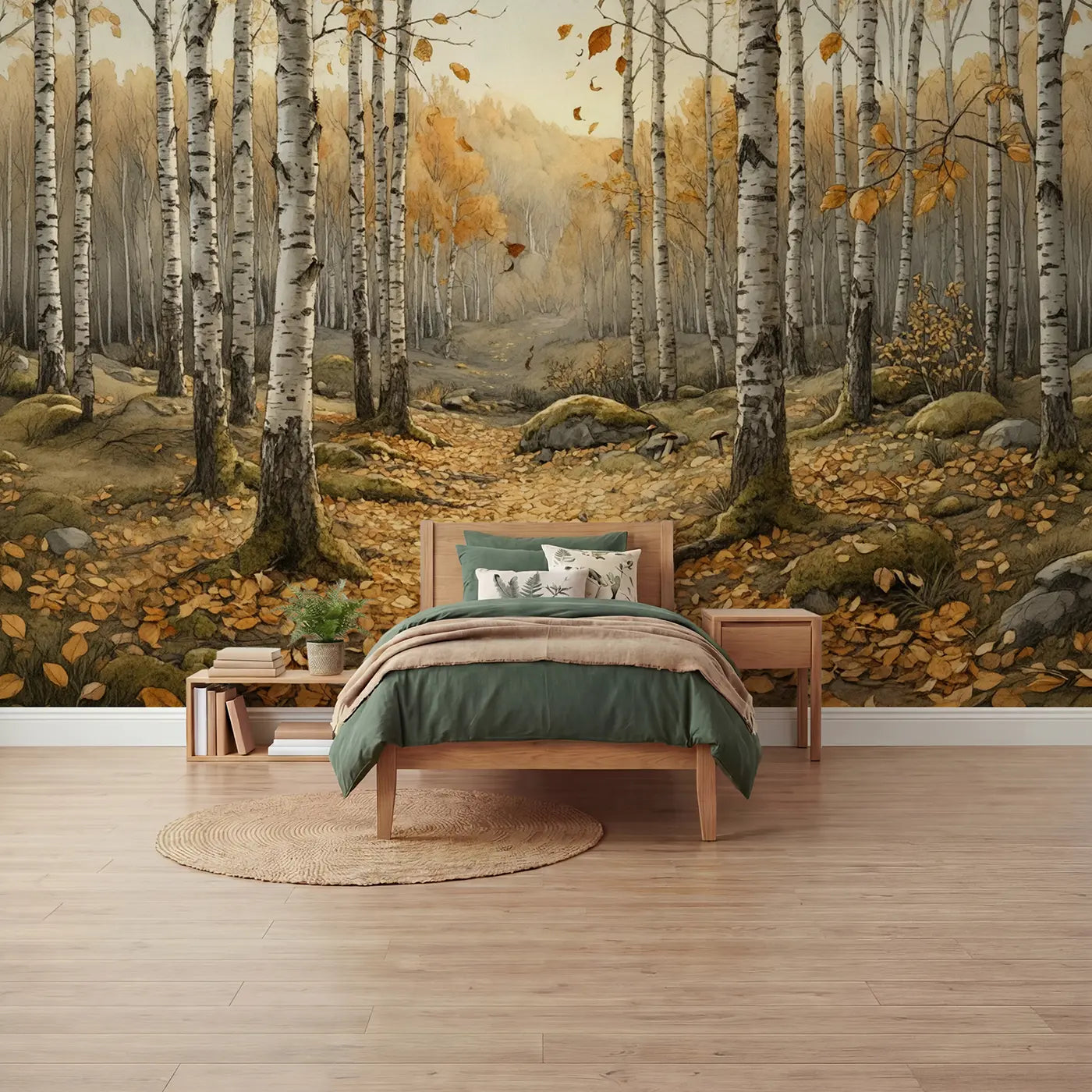 Storybook birch forest golden autumn wallpaper mural for kids room by Whimsy Tots
