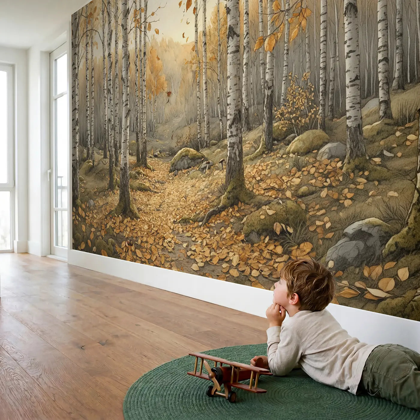 Child in nursery with Golden Birch Forest Wallpaper Mural by Whimsy Tots