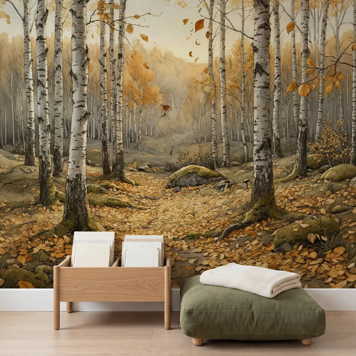 Golden Birch Forest Wallpaper Mural in playroom setting by Whimsy Tots