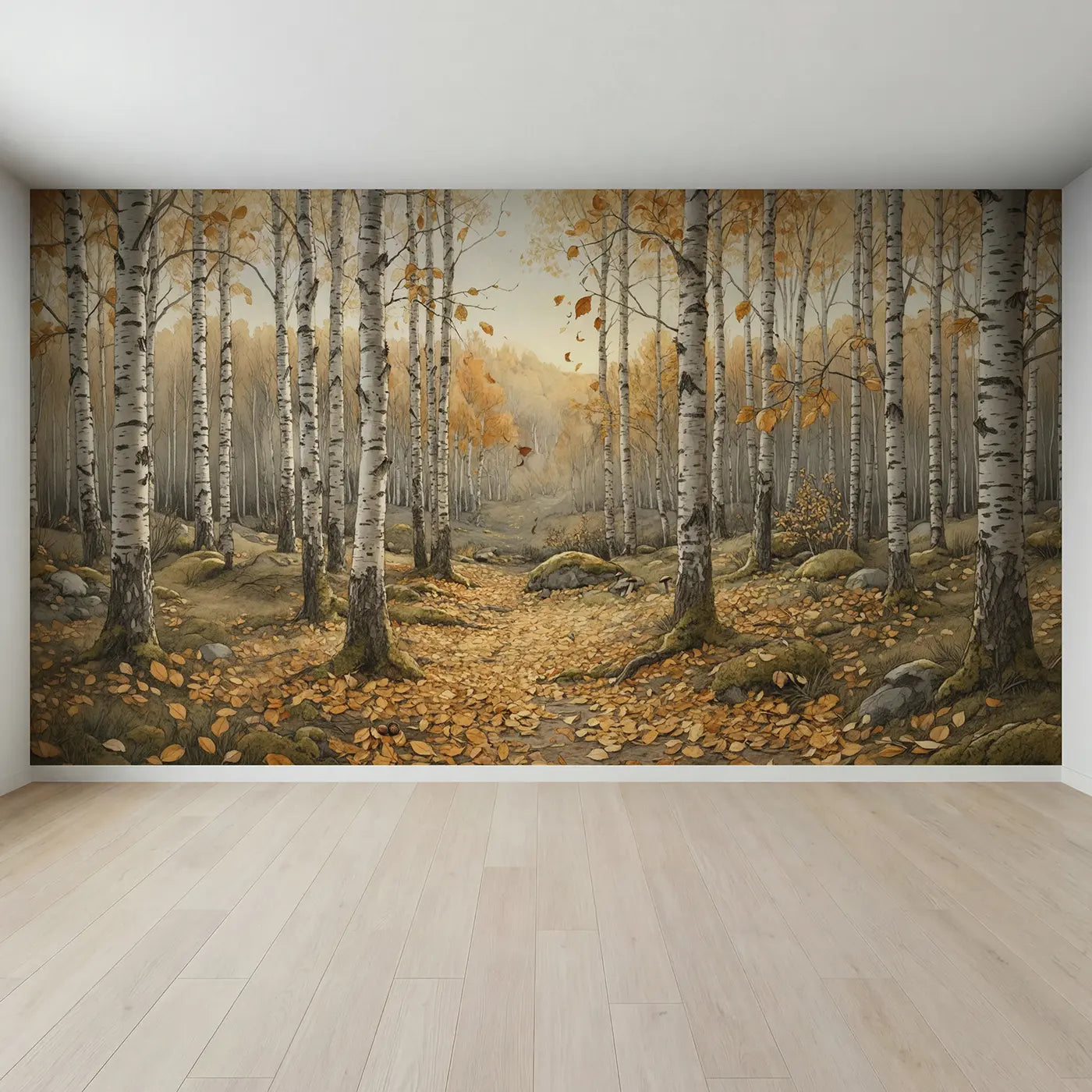 Full view of Golden Birch Forest Wallpaper Mural by Whimsy Tots