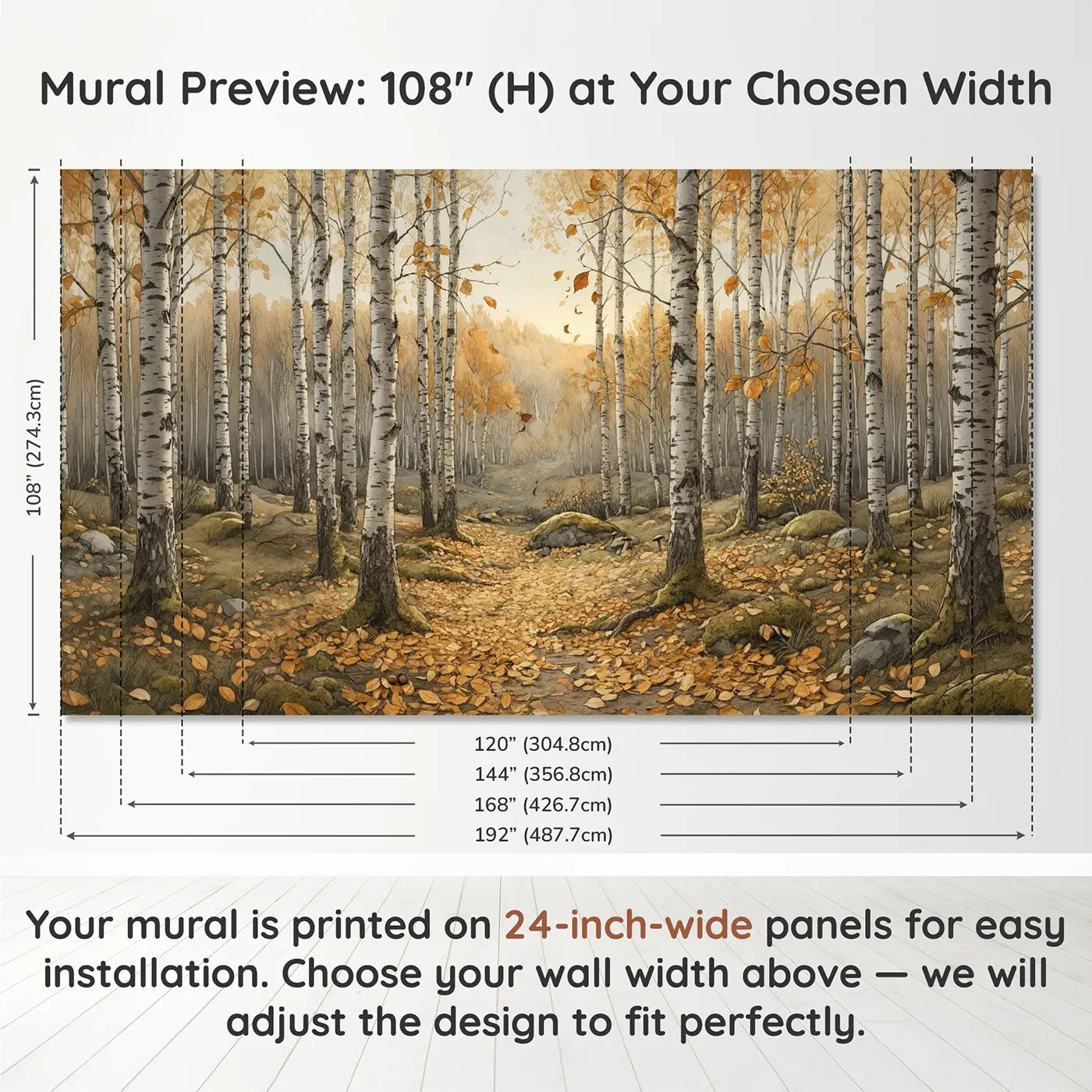 Panel layout and dimensions for Golden Birch Forest Wallpaper Mural by Whimsy Tots