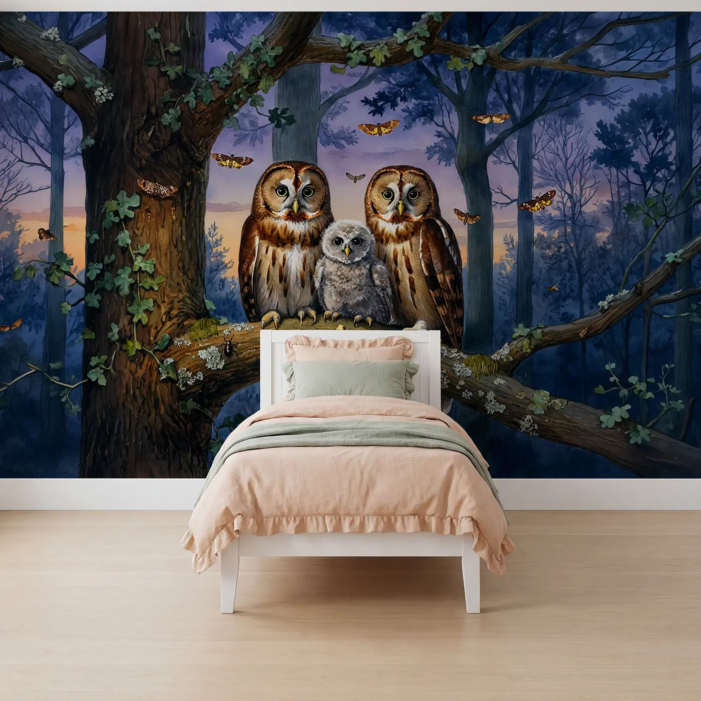 watercolor owl family twilight oak branch mural for girls room by Whimsy Tots