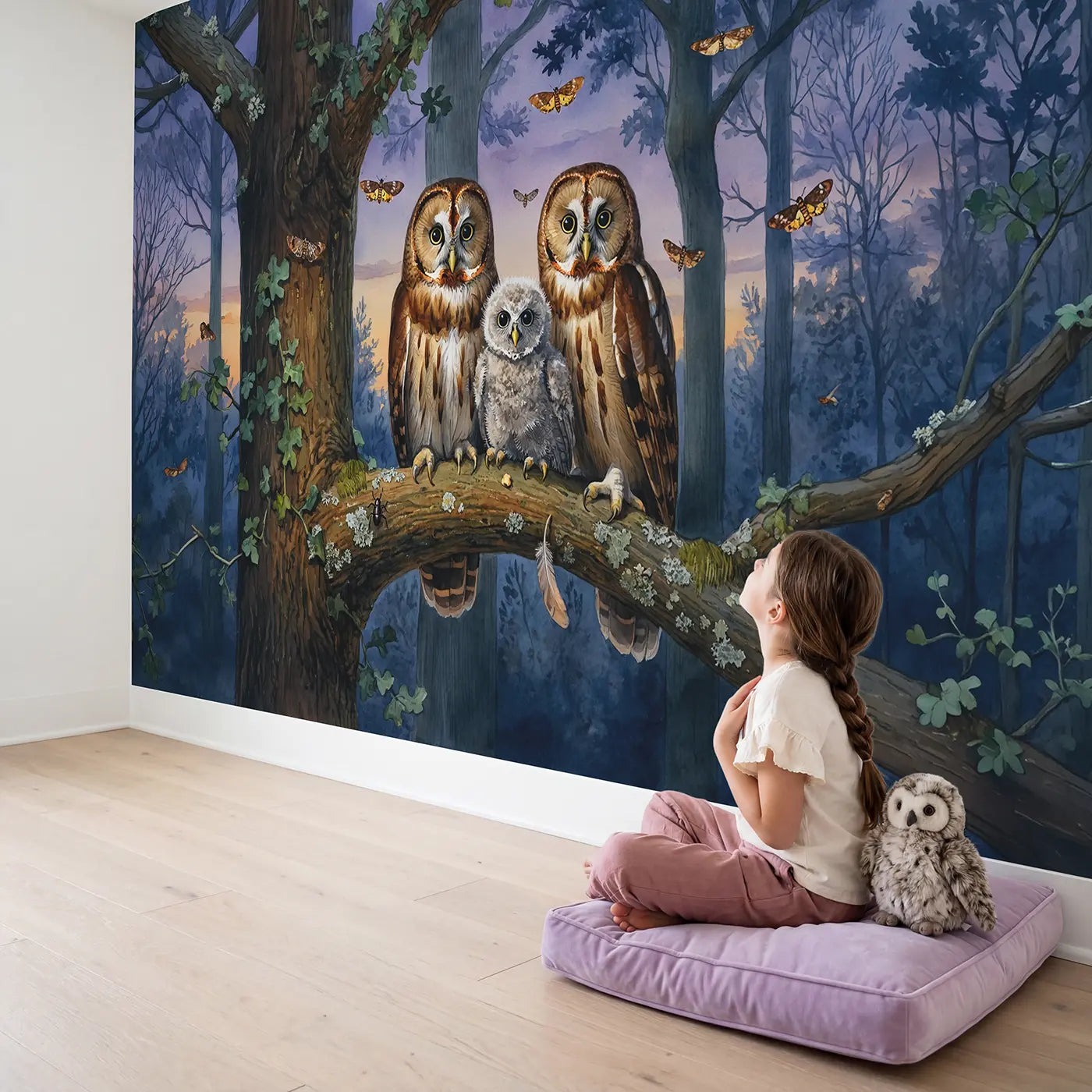 Child in nursery with Owl Family Twilight Oak Branch Wallpaper Mural by Whimsy Tots