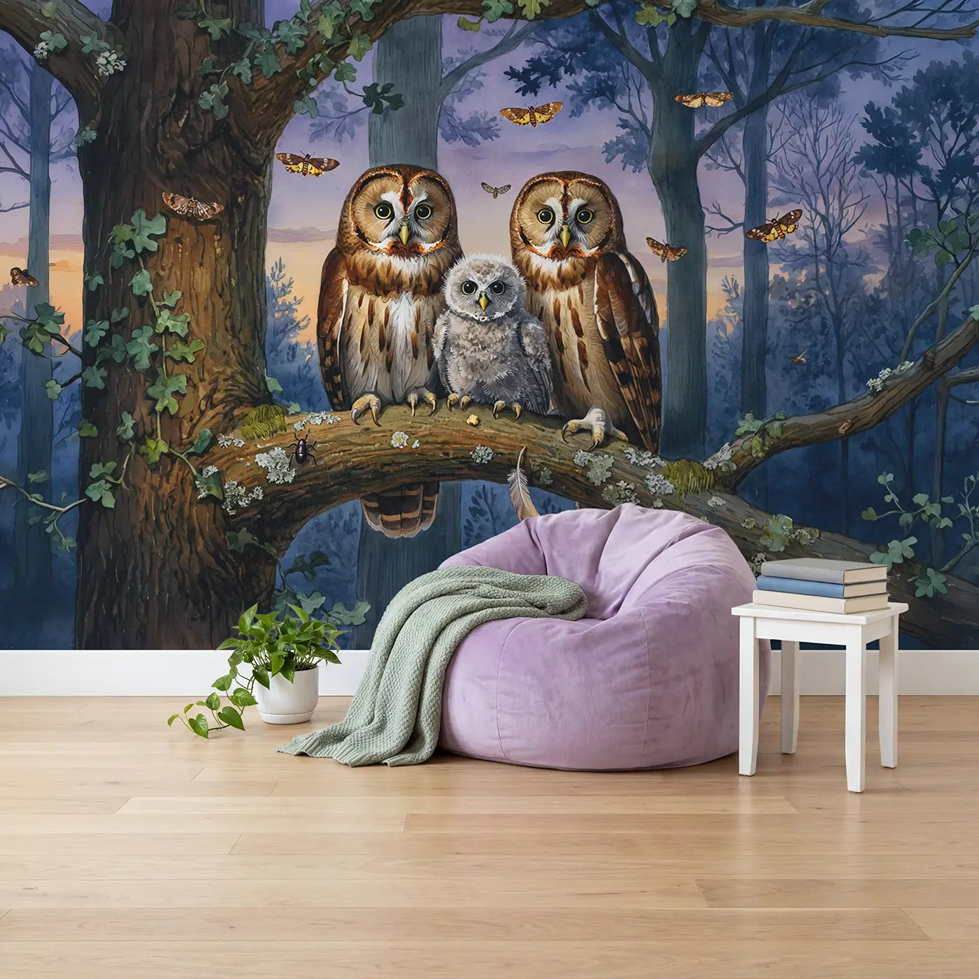 Owl Family Twilight Oak Branch Wallpaper Mural in playroom setting by Whimsy Tots