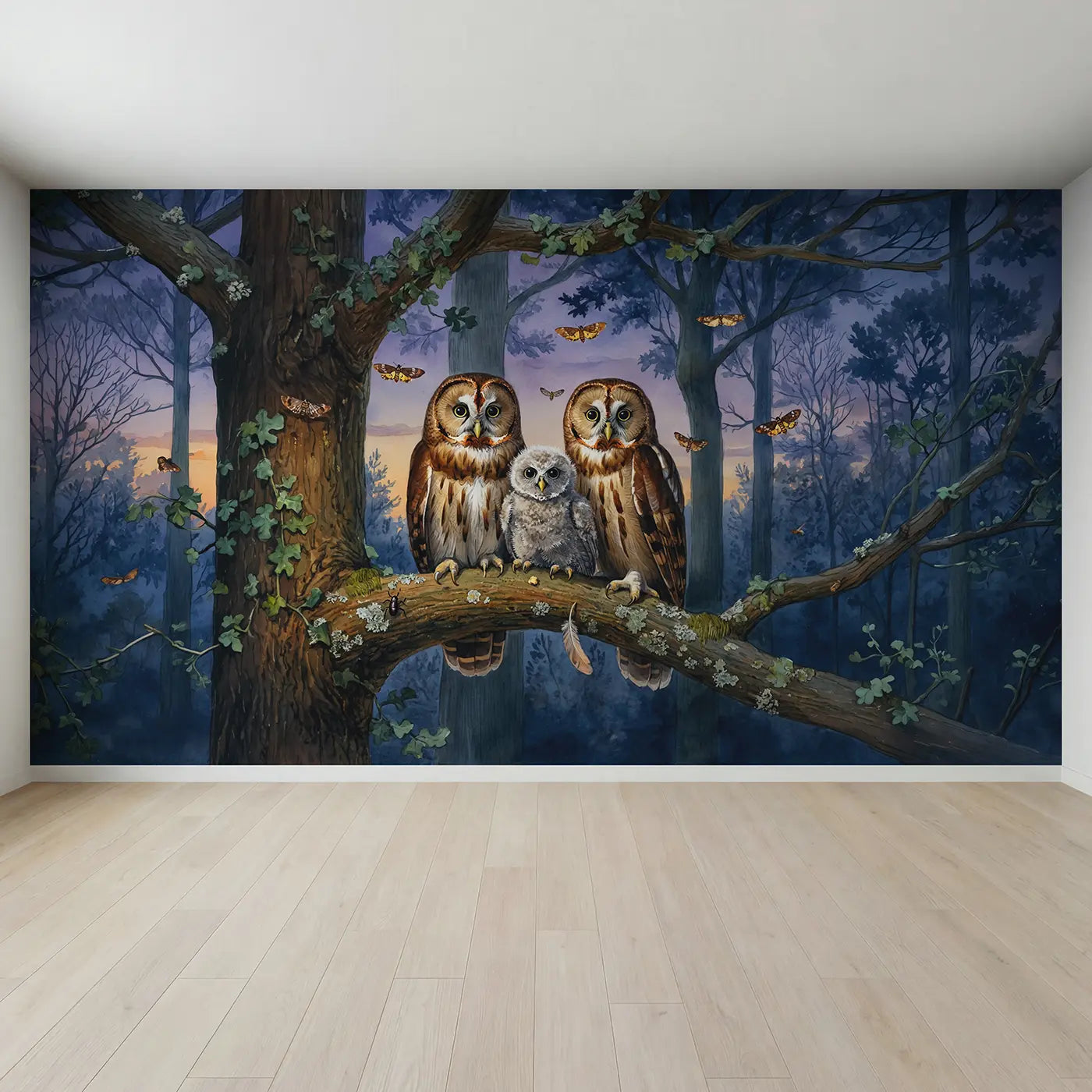 Full view of Owl Family Twilight Oak Branch Wallpaper Mural by Whimsy Tots