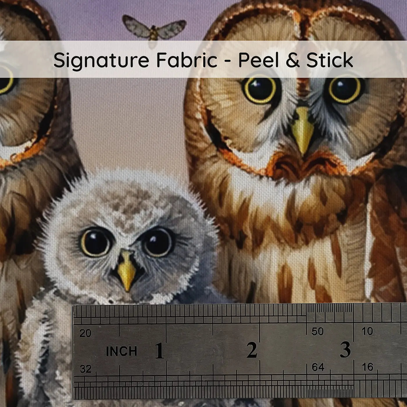 Fabric texture close-up of Owl Family Twilight Oak Branch Wallpaper Mural by Whimsy Tots