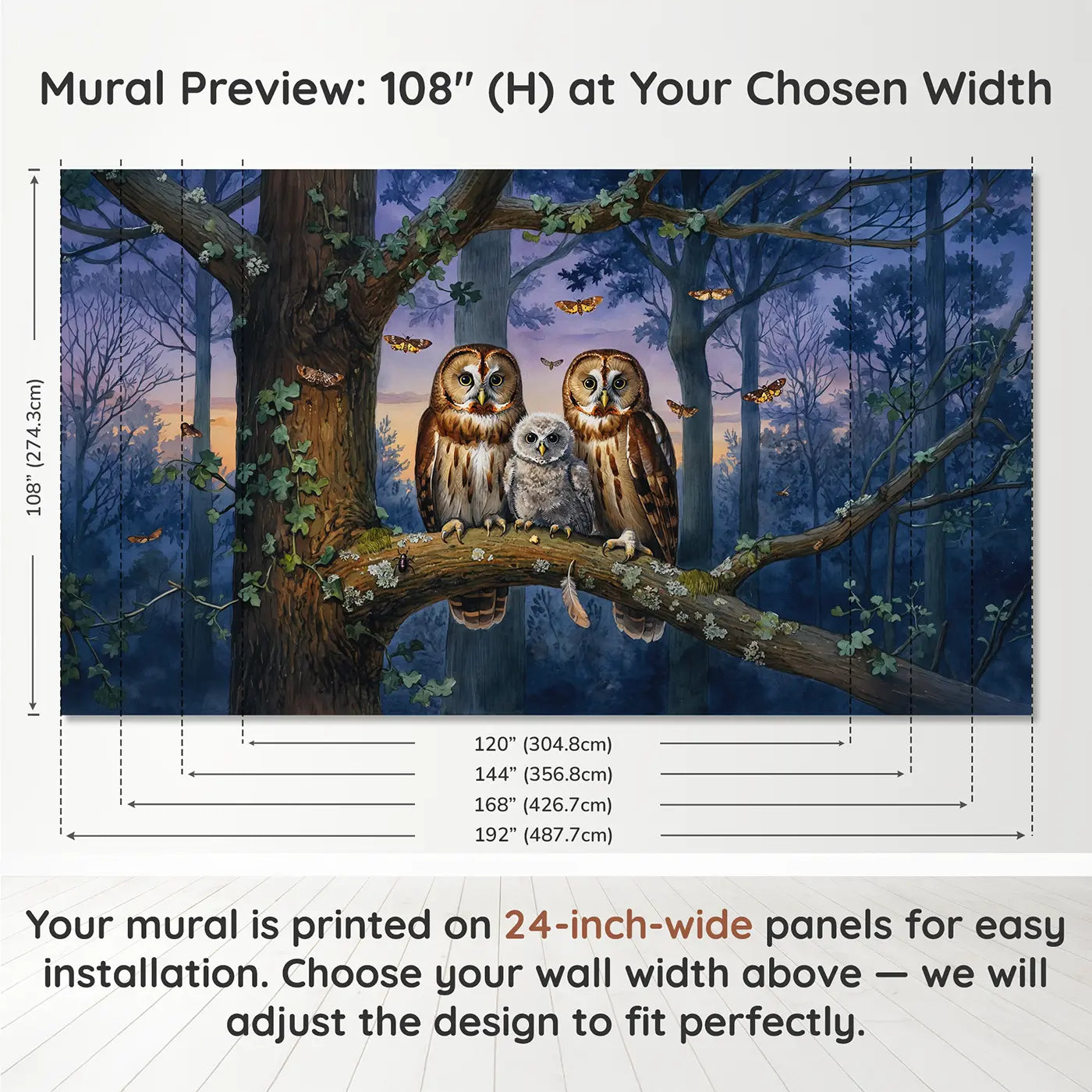Panel layout and dimensions for Owl Family Twilight Oak Branch Wallpaper Mural by Whimsy Tots