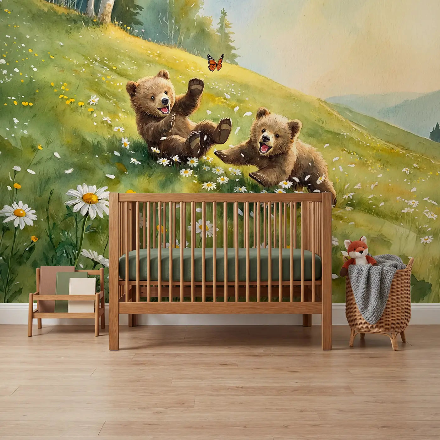 Watercolor bear cubs daisy hill tumble wallpaper mural for nursery by Whimsy Tots