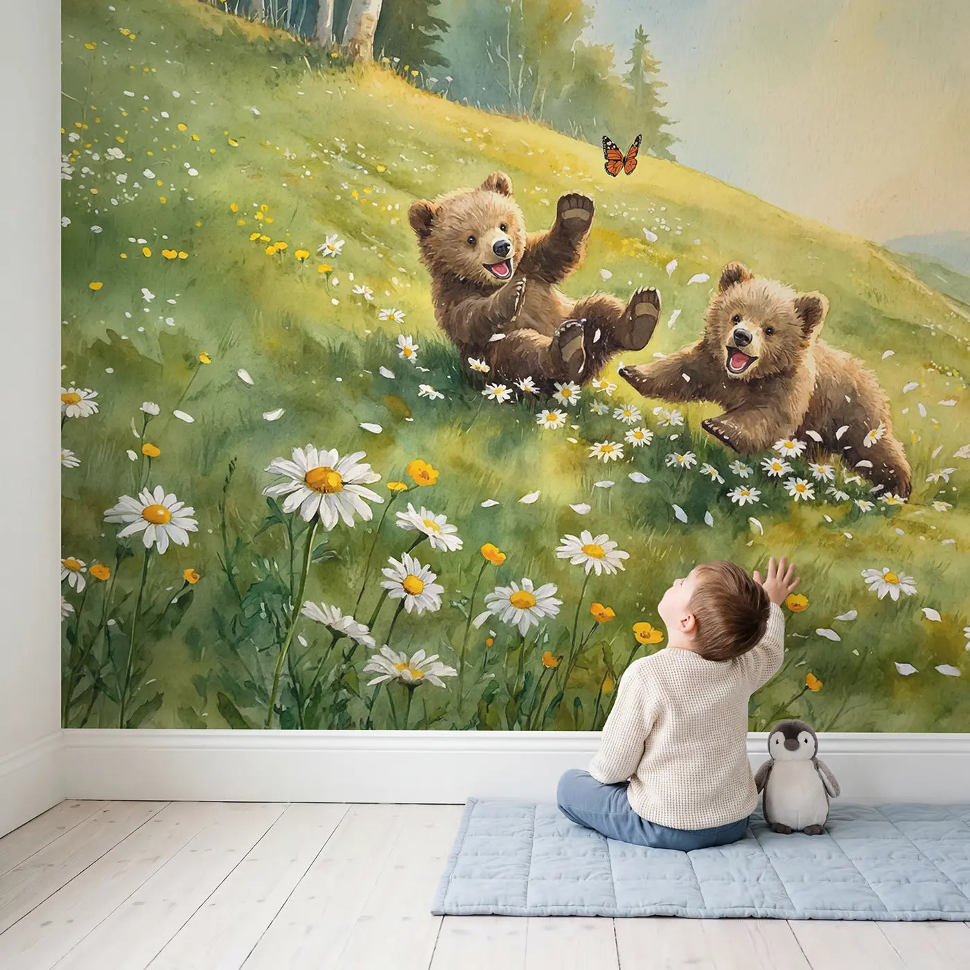 Child in nursery with Bear Cubs Daisy Hill Tumble Wallpaper Mural by Whimsy Tots