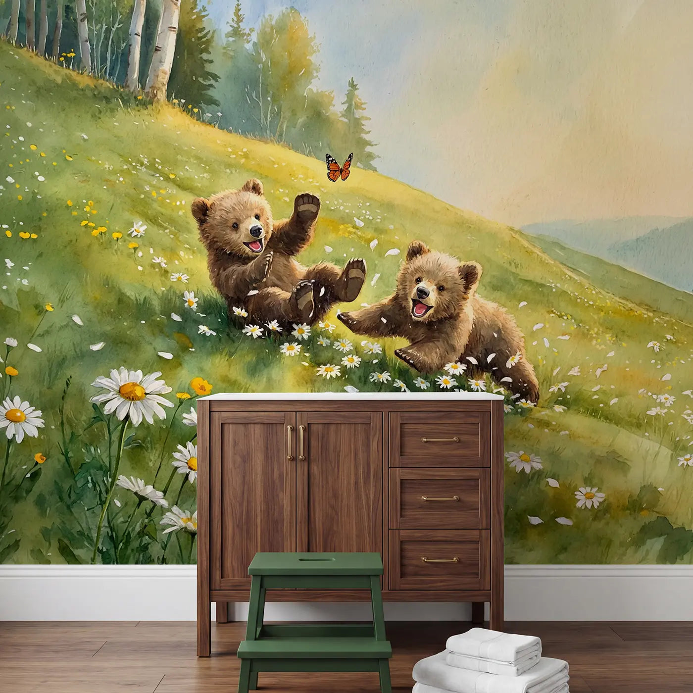 Bear Cubs Daisy Hill Tumble Wallpaper Mural in playroom setting by Whimsy Tots