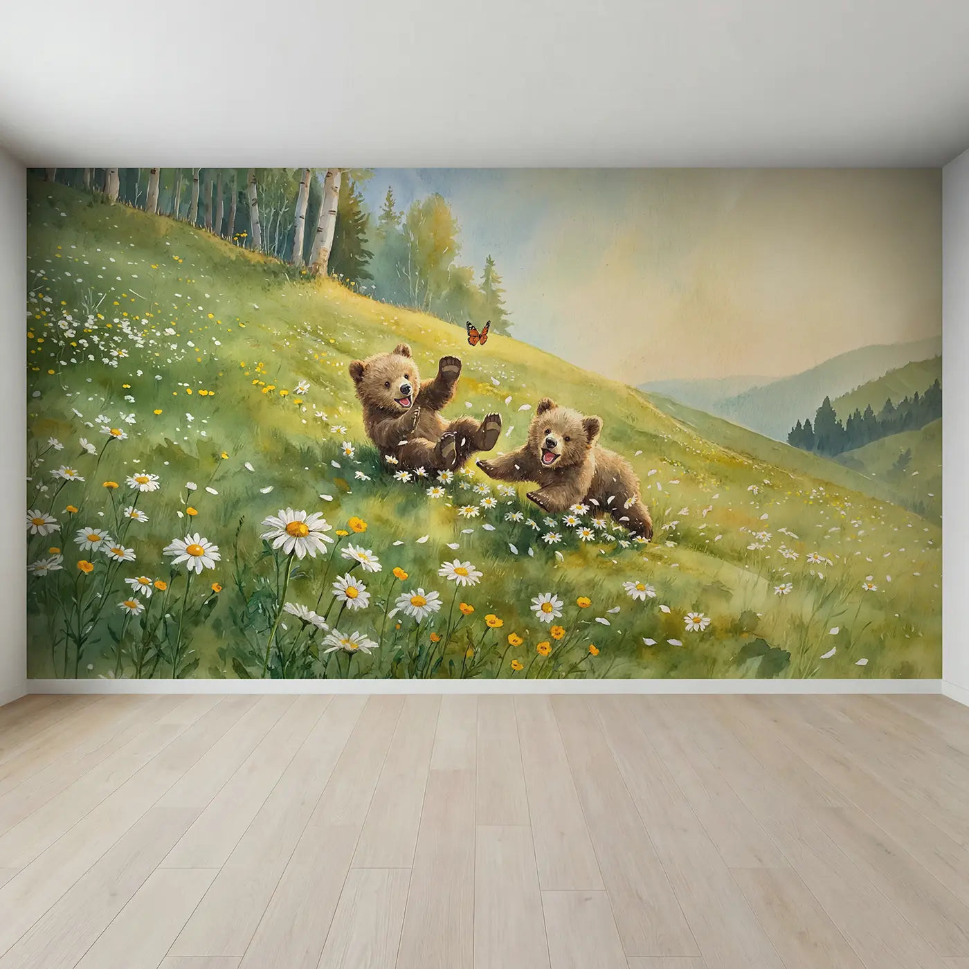 Full view of Bear Cubs Daisy Hill Tumble Wallpaper Mural by Whimsy Tots