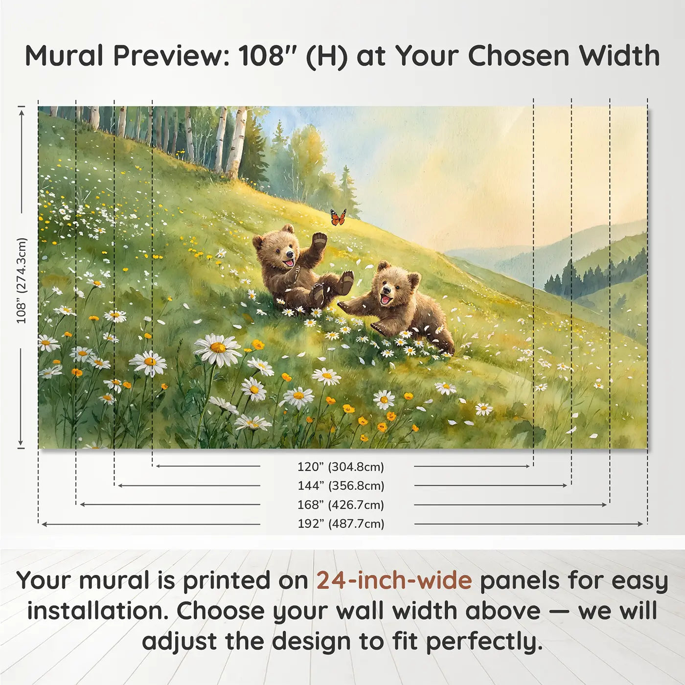 Panel layout and dimensions for Bear Cubs Daisy Hill Tumble Wallpaper Mural by Whimsy Tots