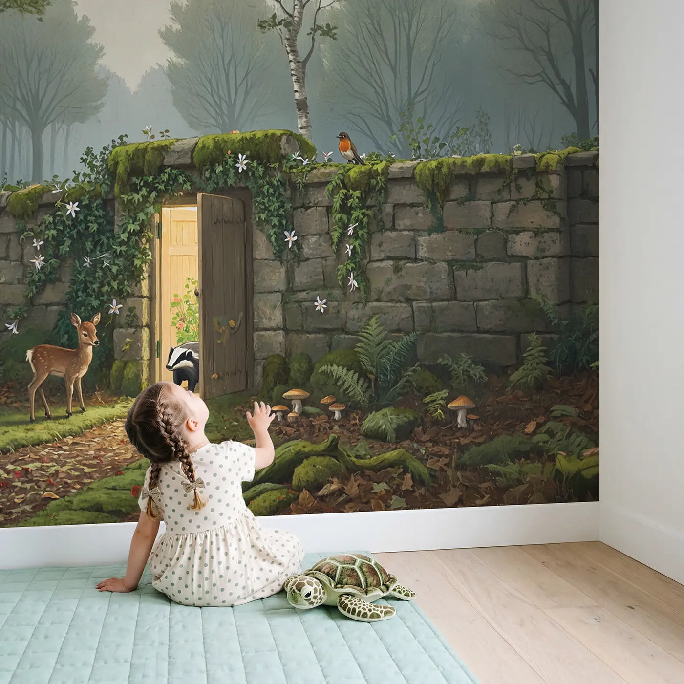 Child in nursery with Secret Garden Door Discovery Wallpaper Mural by Whimsy Tots