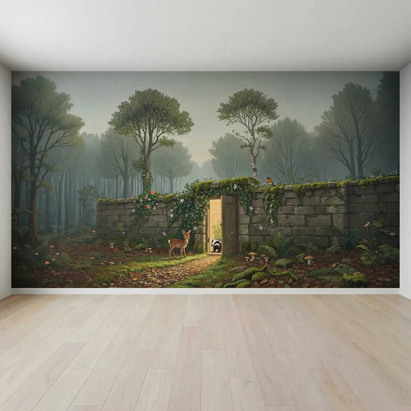 Full view of Secret Garden Door Discovery Wallpaper Mural by Whimsy Tots