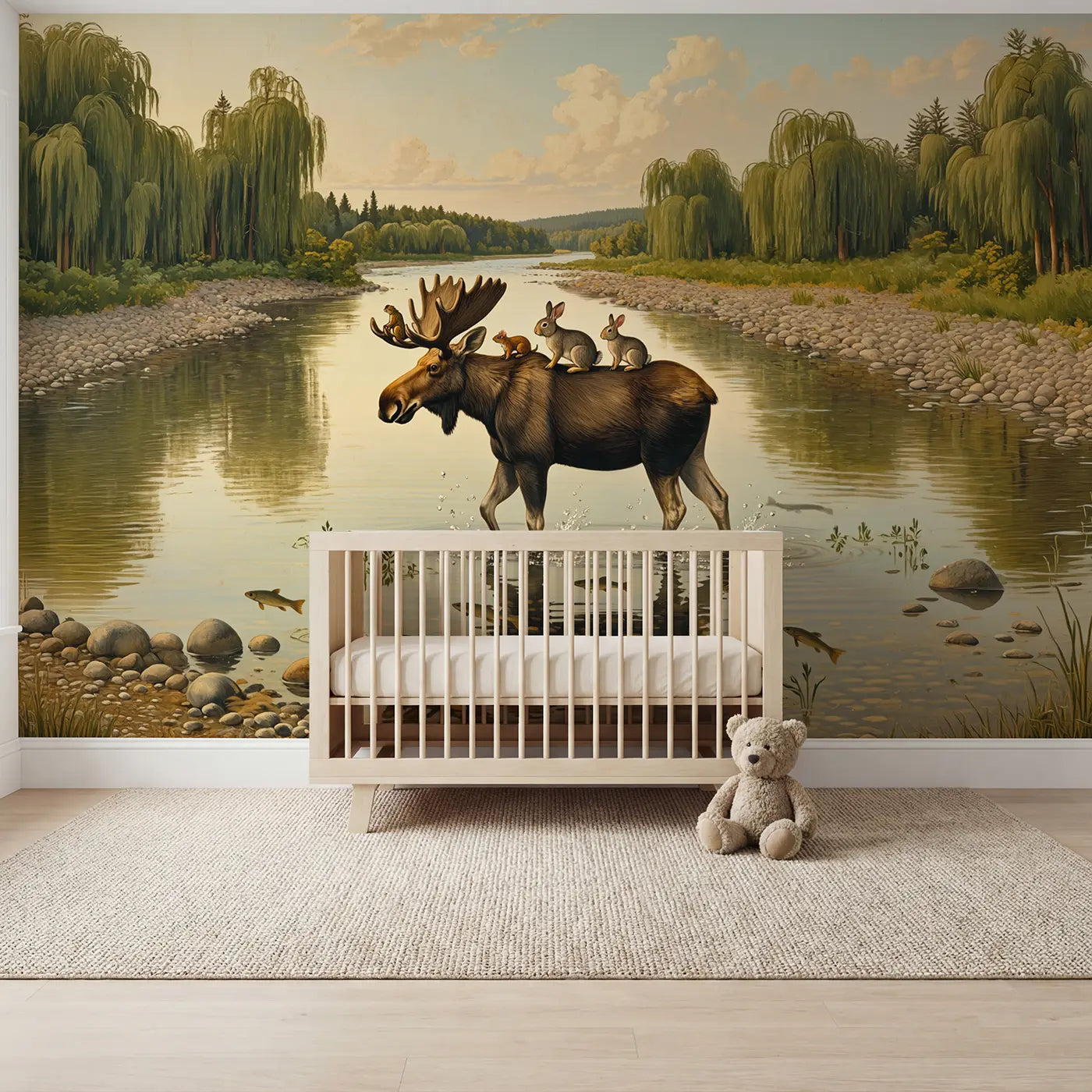Painted moose and forest wallpaper mural for kids room by Whimsy Tots