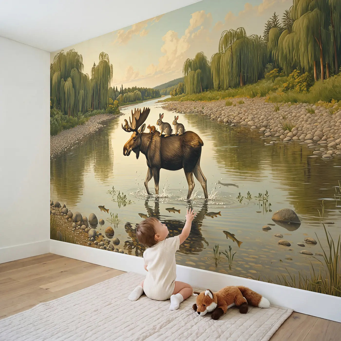 Child in nursery with Moose River Crossing Ride Wallpaper Mural by Whimsy Tots