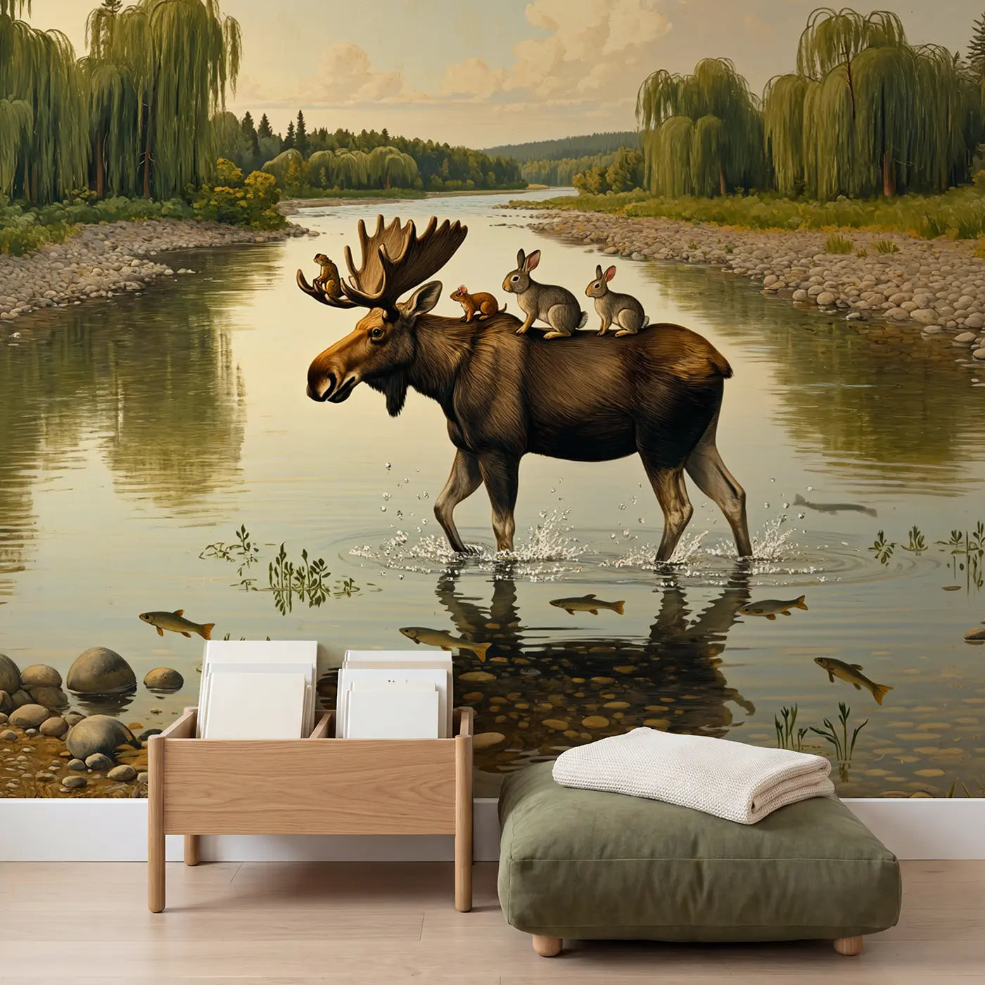 Moose River Crossing Ride Wallpaper Mural in playroom setting by Whimsy Tots
