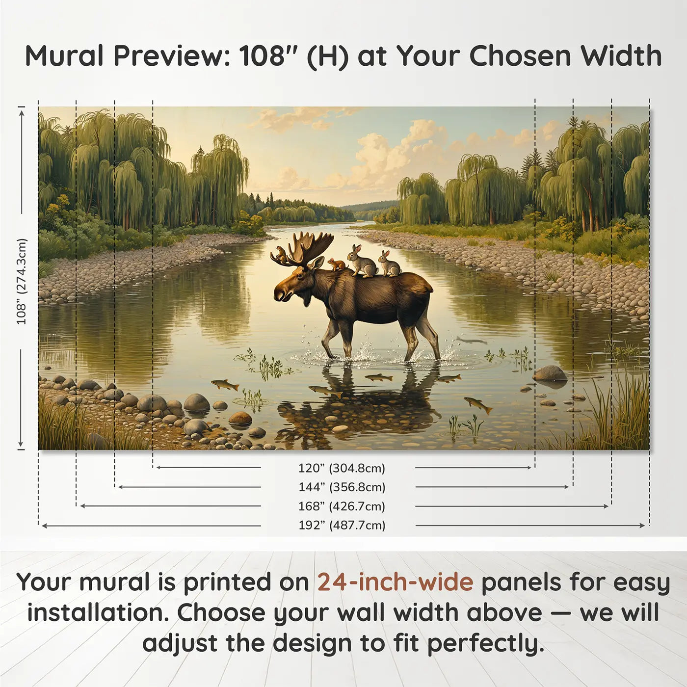 Panel layout and dimensions for Moose River Crossing Ride Wallpaper Mural by Whimsy Tots