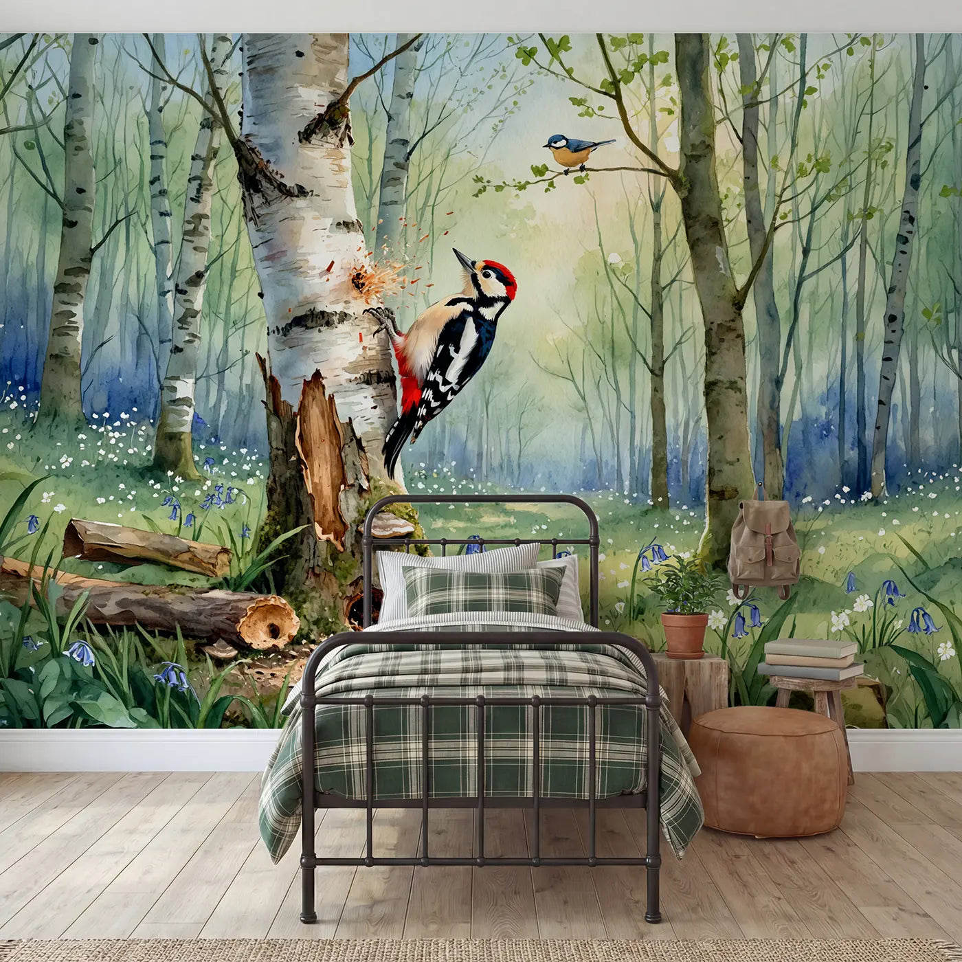 Watercolor woodpecker on silver birch wallpaper mural for kids room by Whimsy Tots