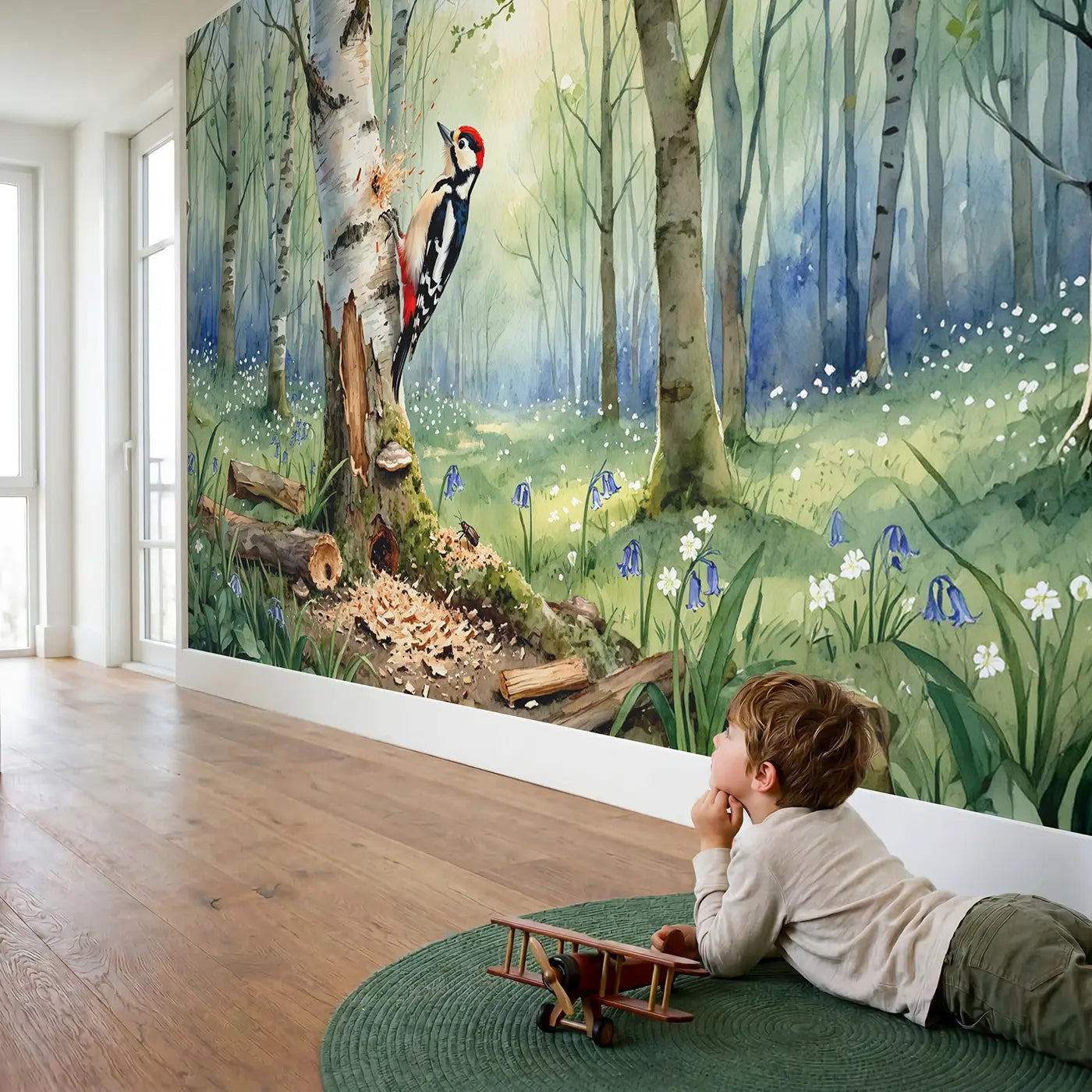 Child in nursery with Woodpecker on Silver Birch Wallpaper Mural by Whimsy Tots