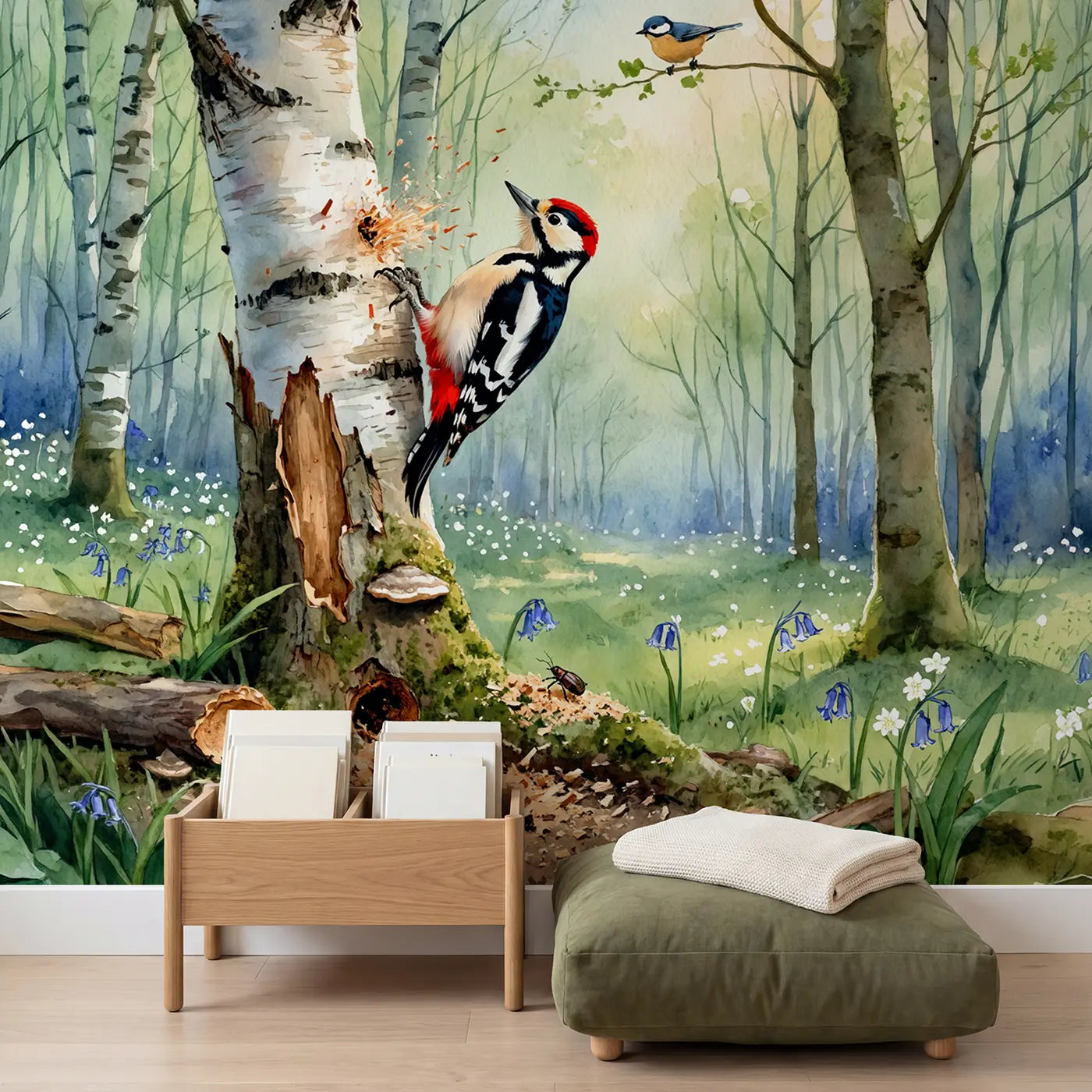 Woodpecker on Silver Birch Wallpaper Mural in playroom setting by Whimsy Tots