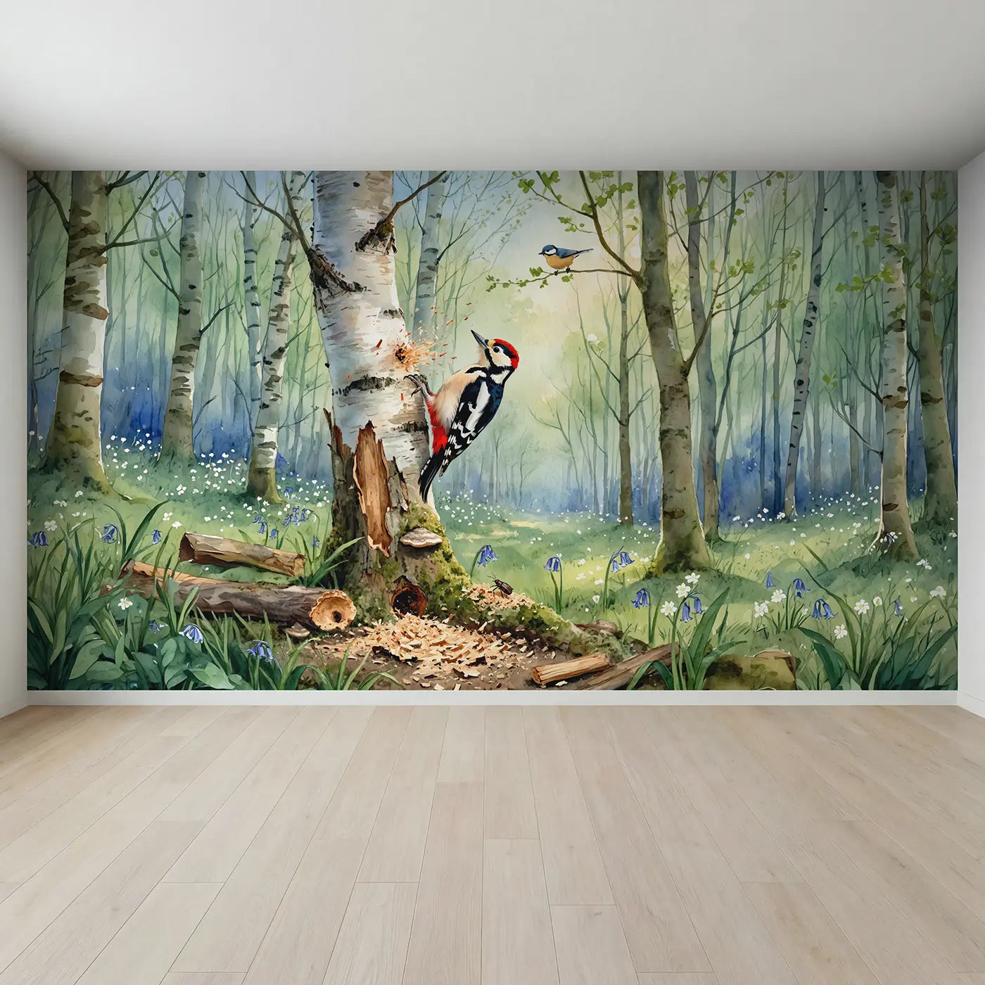 Full view of Woodpecker on Silver Birch Wallpaper Mural by Whimsy Tots